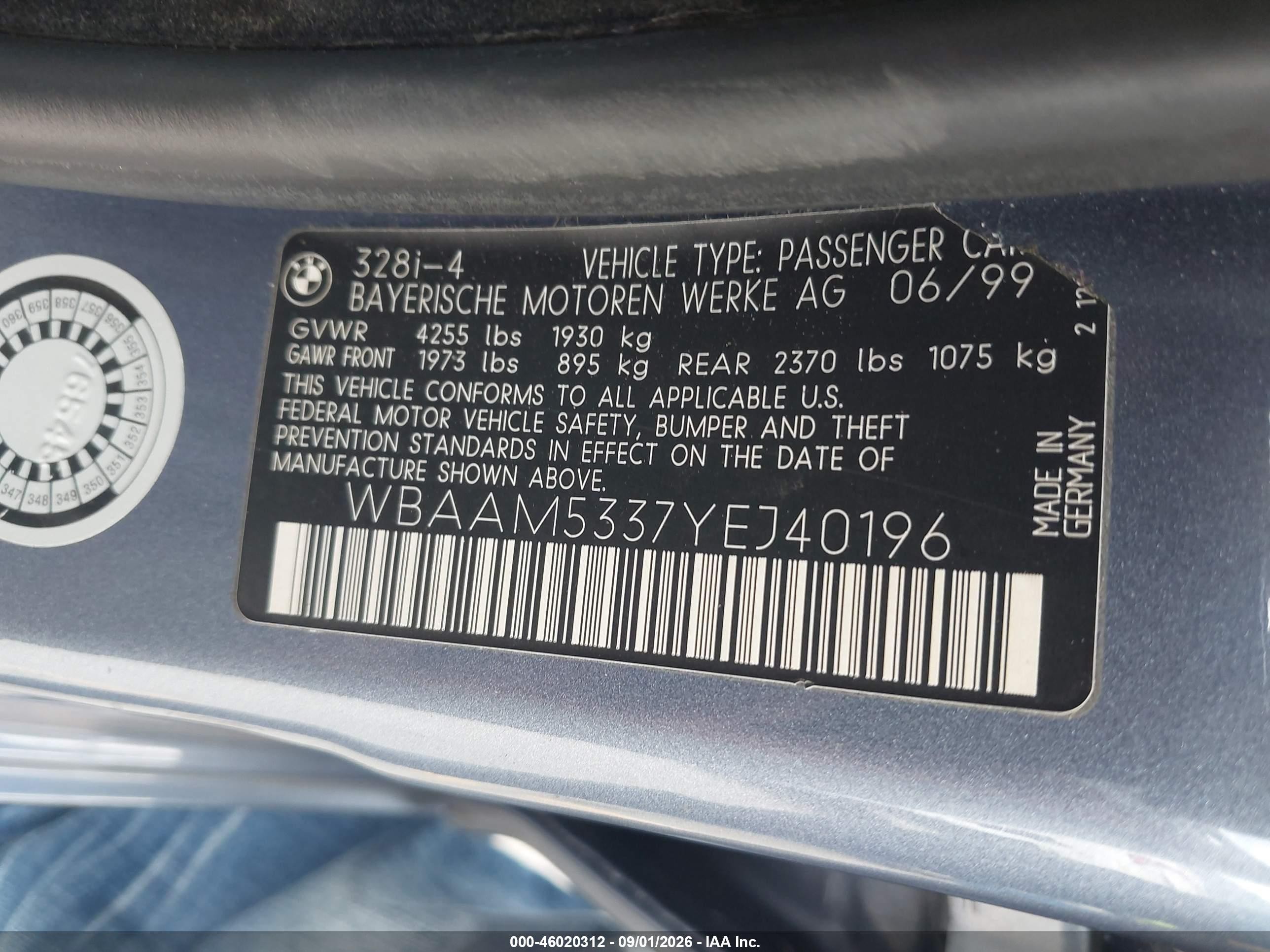2000 Bmw 328i   Blue vin: WBAAM5337YEJ40196