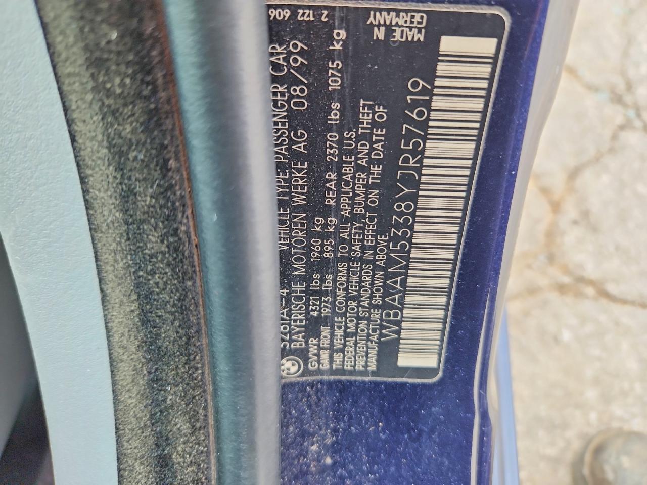 2000 Bmw 328 I Blue vin: WBAAM5338YJR57619