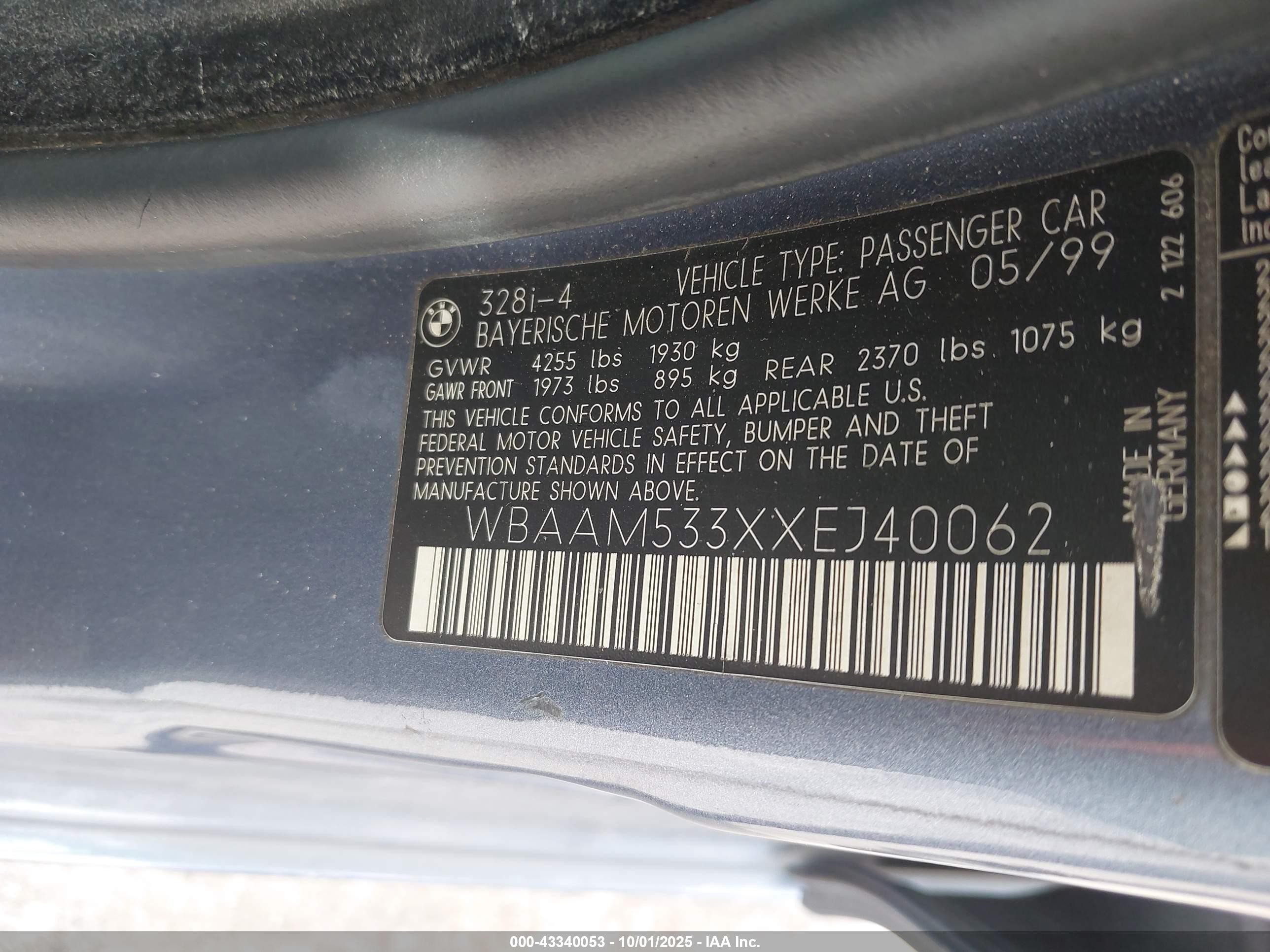 1999 Bmw 328i   Light Blue vin: WBAAM533XXEJ40062