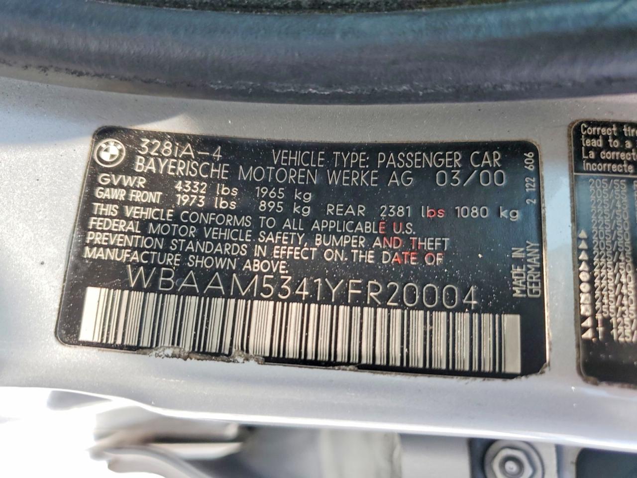 2000 Bmw 328 I Silver vin: WBAAM5341YFR20004