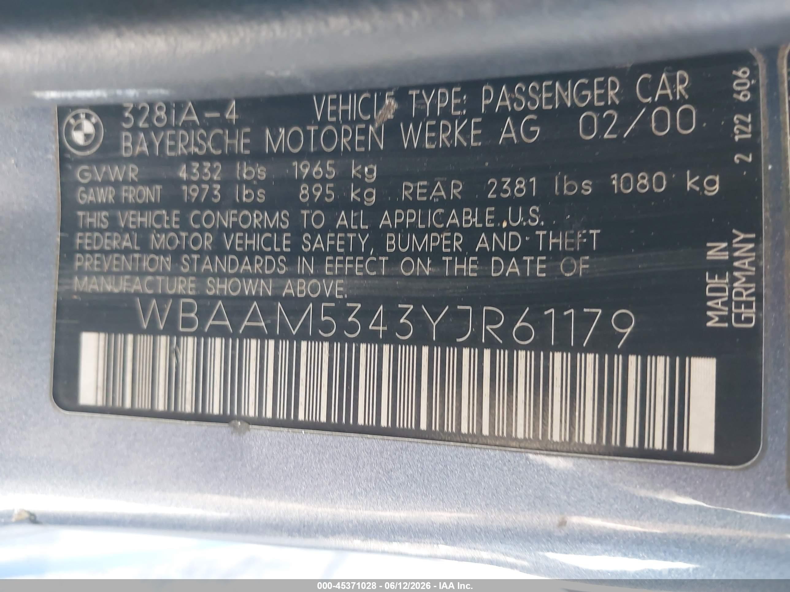 2000 Bmw 328i   Blue vin: WBAAM5343YJR61179