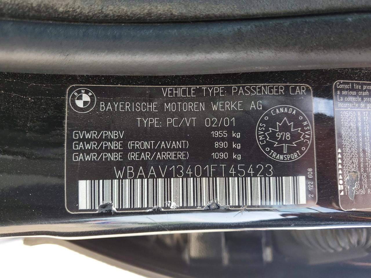 2001 Bmw 320 I Black vin: WBAAV13401FT45423