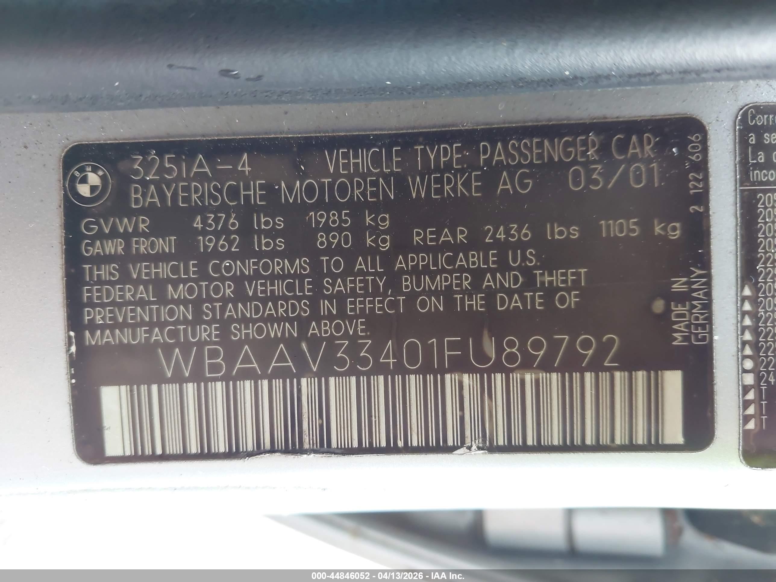 2001 Bmw 325i   Silver vin: WBAAV33401FU89792