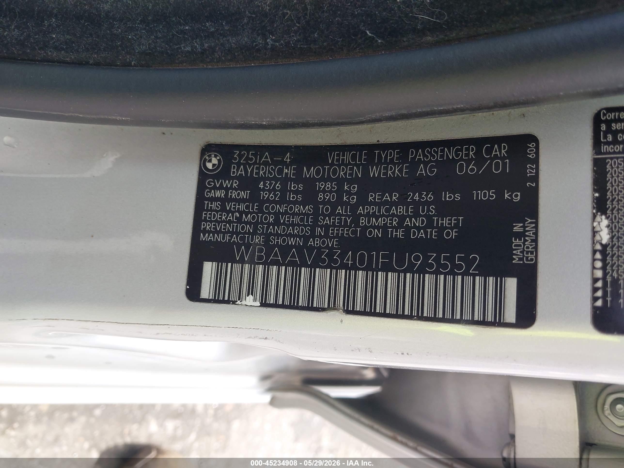 2001 Bmw 325i   Silver vin: WBAAV33401FU93552