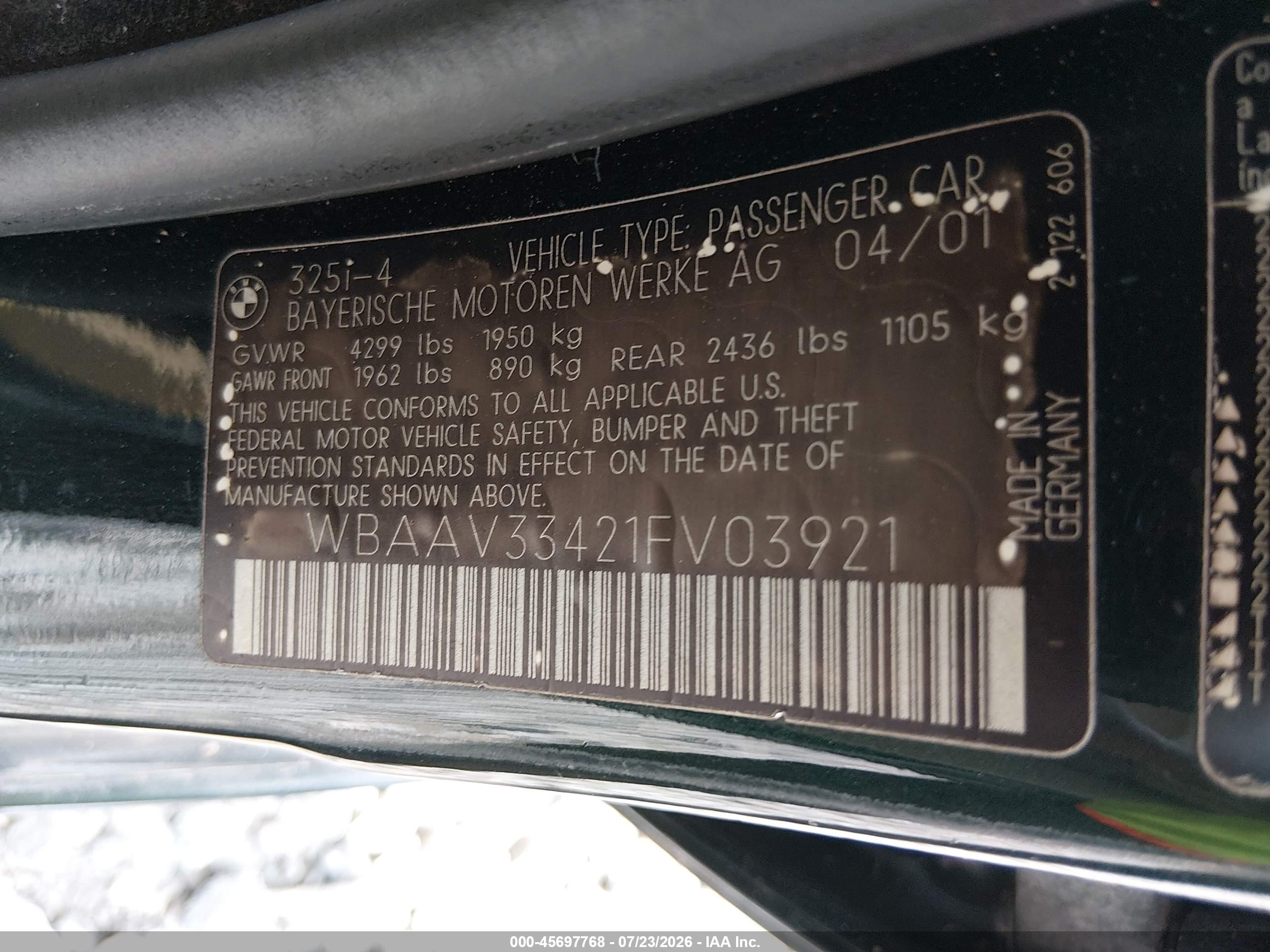 2001 Bmw 325i   Green vin: WBAAV33421FV03921