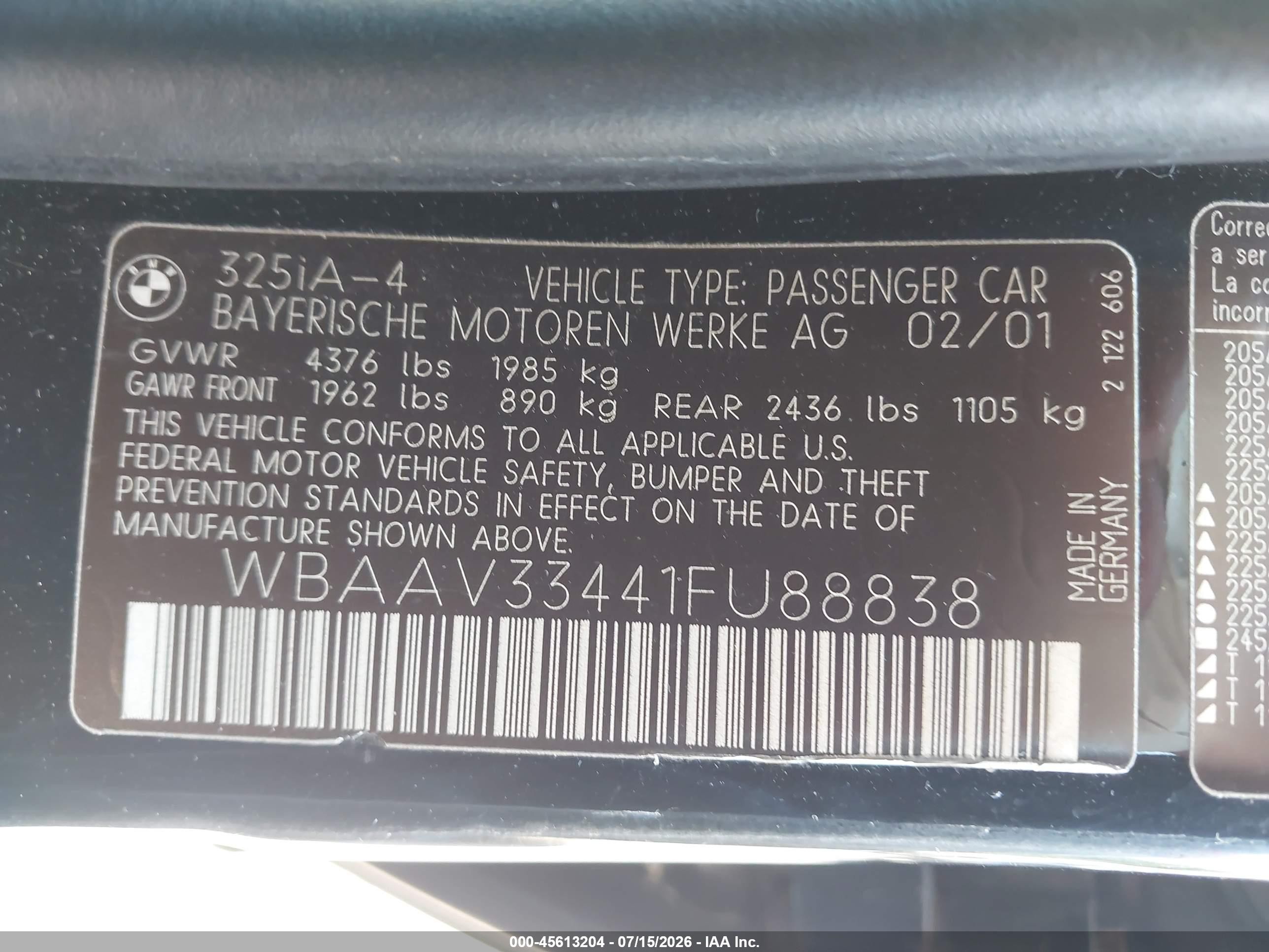 2001 Bmw 325i   Black vin: WBAAV33441FU88838