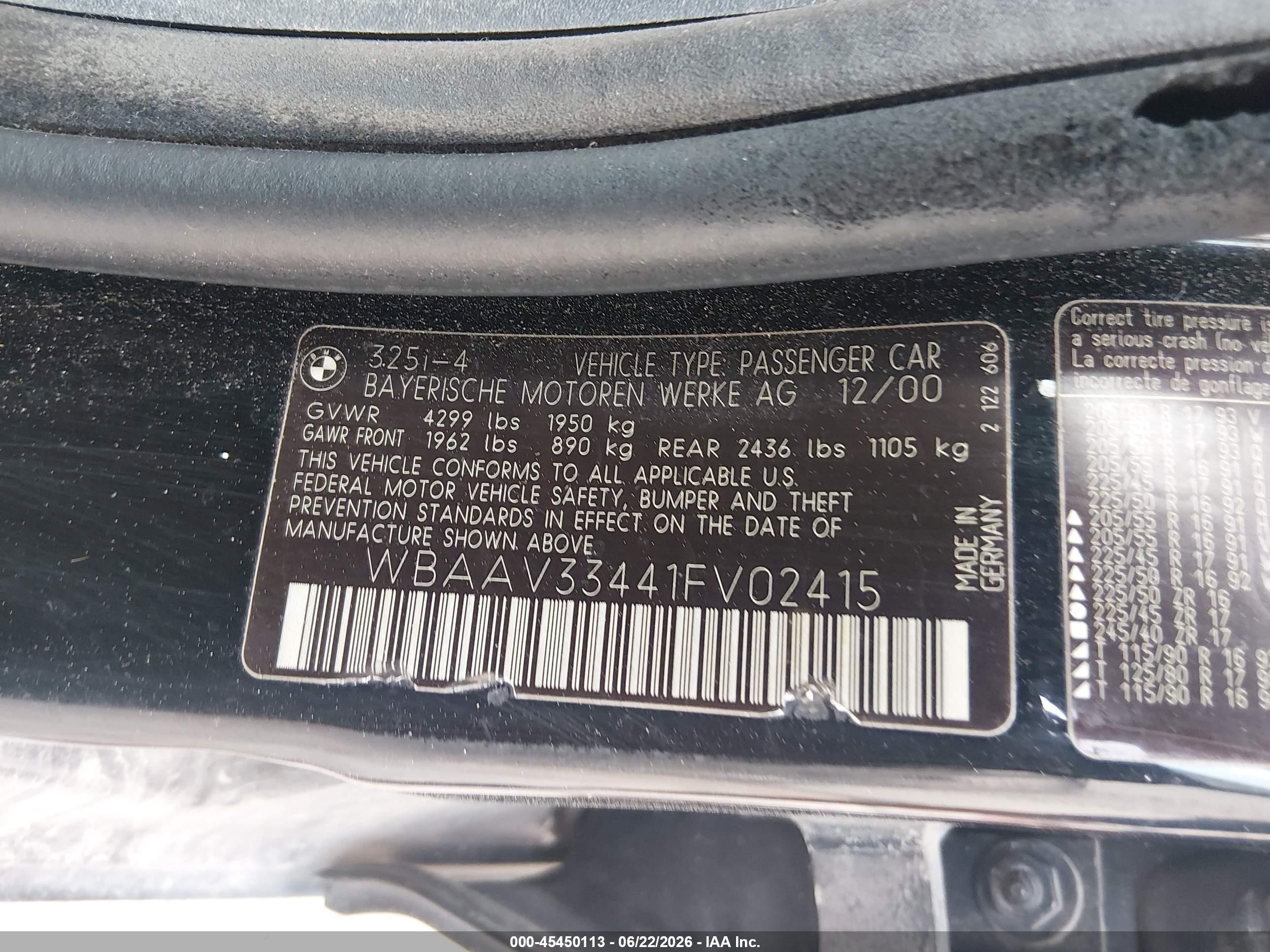 2001 Bmw 325i   Black vin: WBAAV33441FV02415