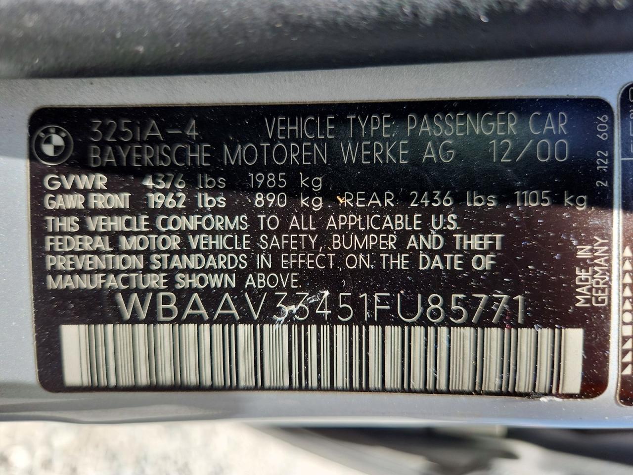 2001 Bmw 325 I Silver vin: WBAAV33451FU85771