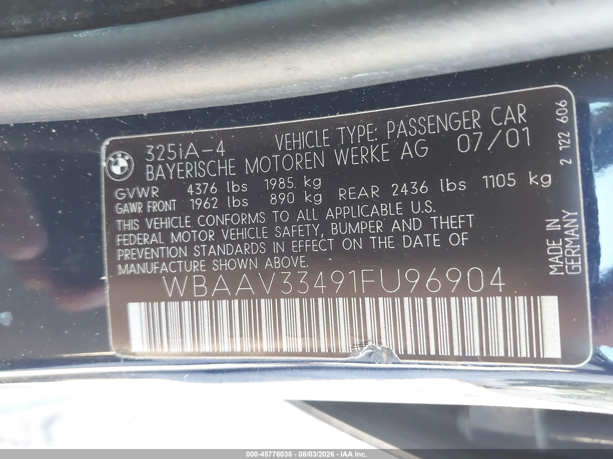 2001 Bmw 325i   Blue vin: WBAAV33491FU96904