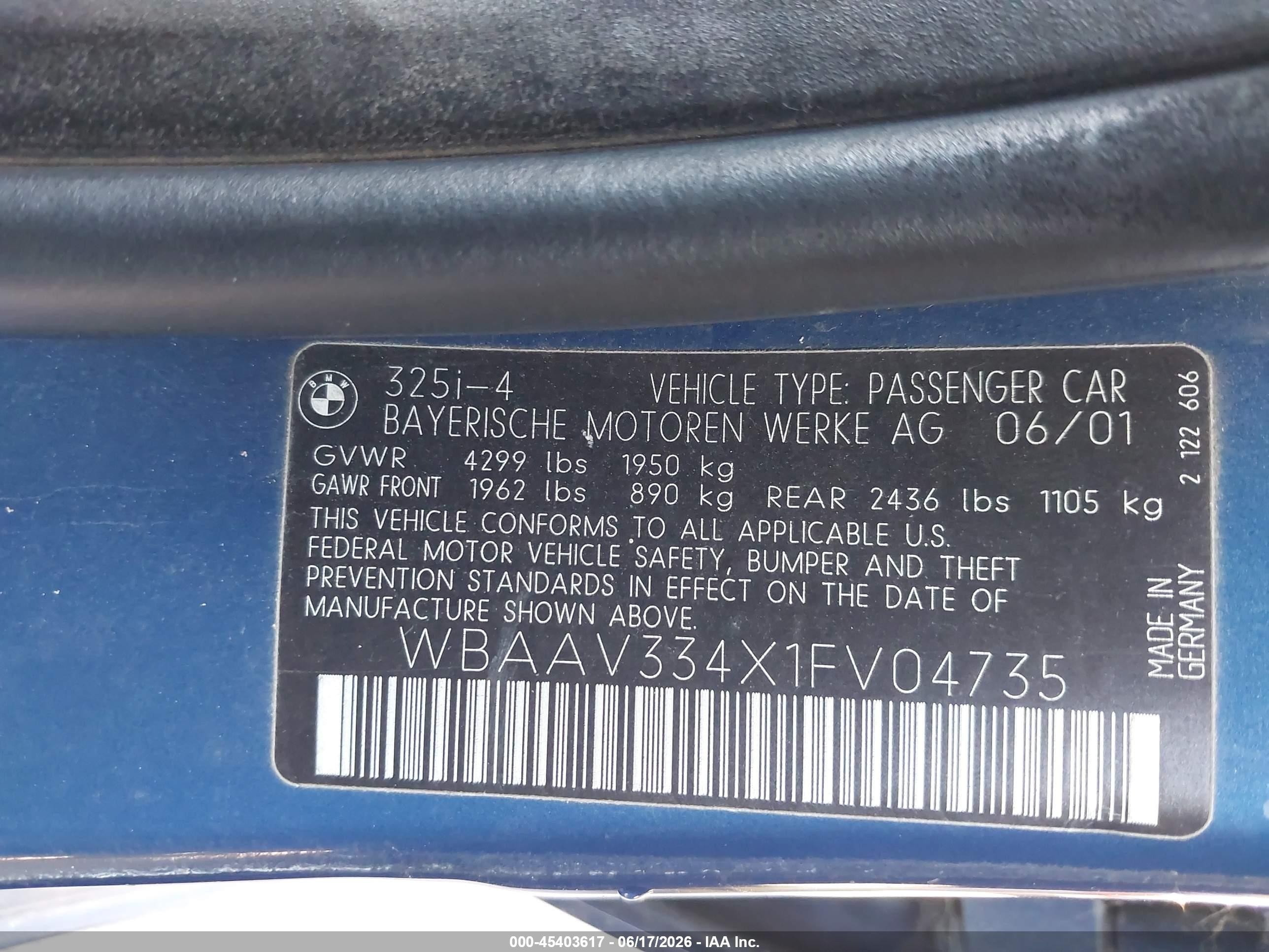 2001 Bmw 325i   Blue vin: WBAAV334X1FV04735