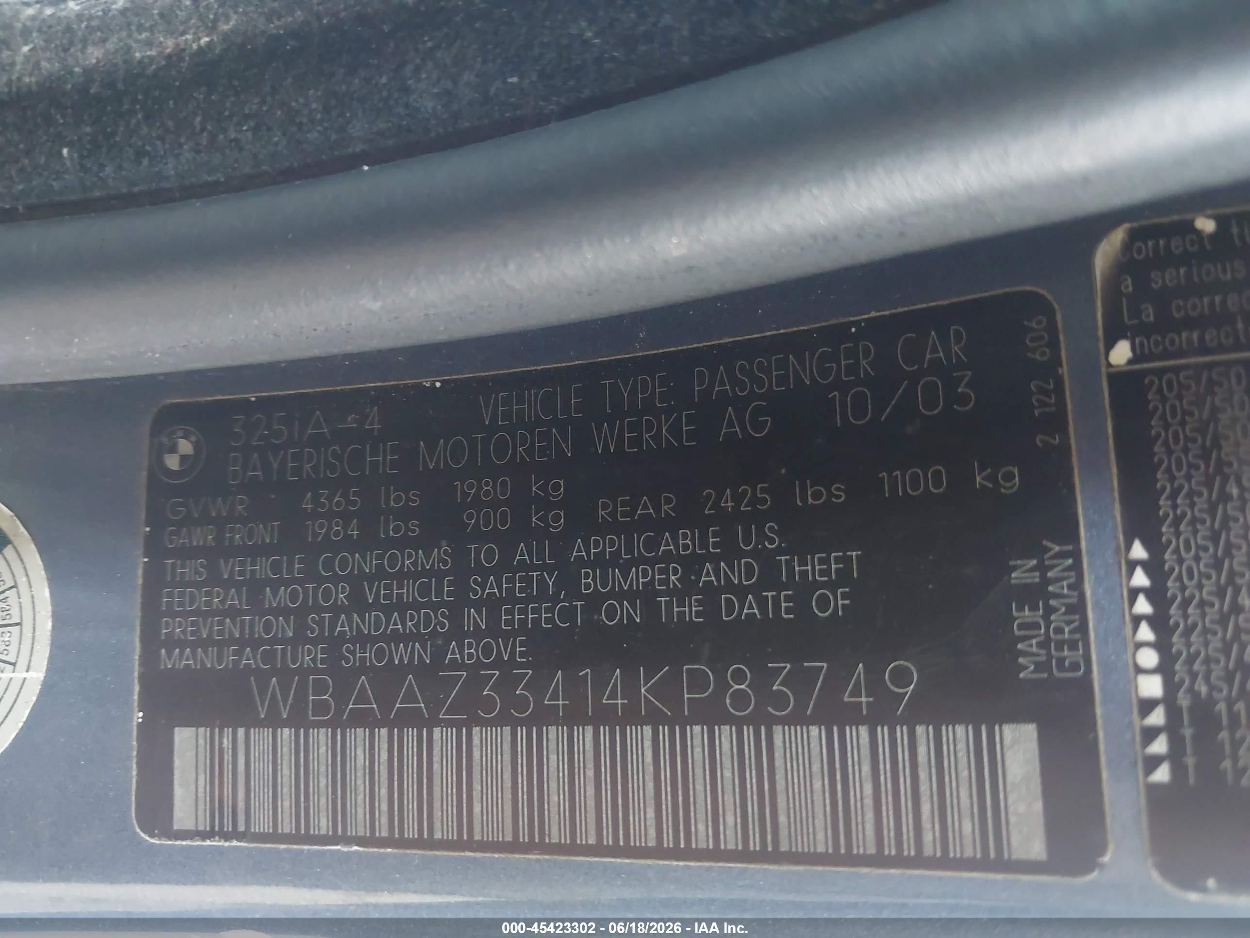 2004 Bmw 325i   Синий vin: WBAAZ33414KP83749