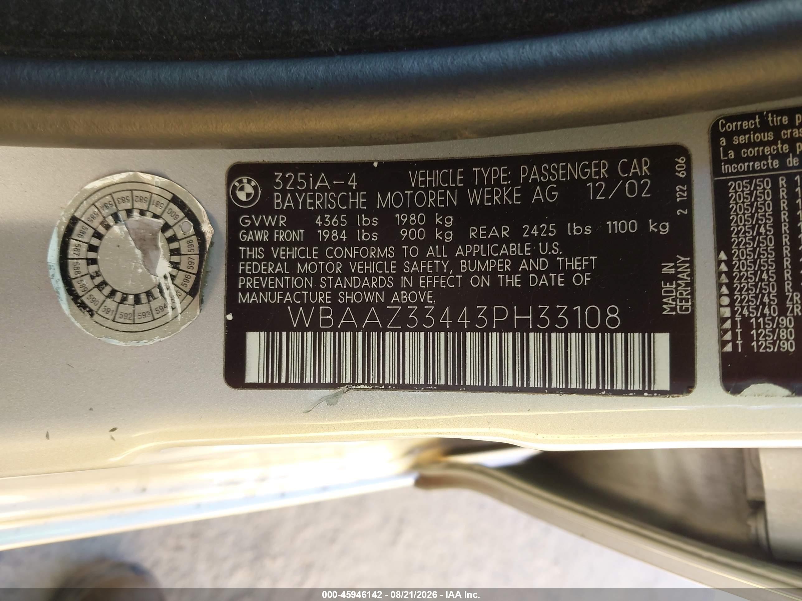 2003 Bmw 325i   Silver vin: WBAAZ33443PH33108