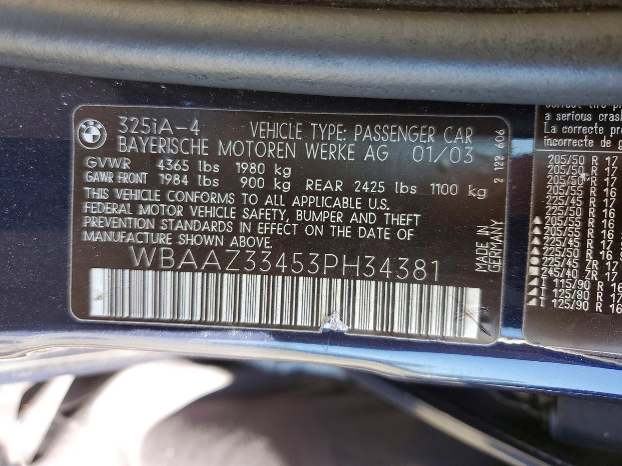 2003 Bmw 325 I Blue vin: WBAAZ33453PH34381