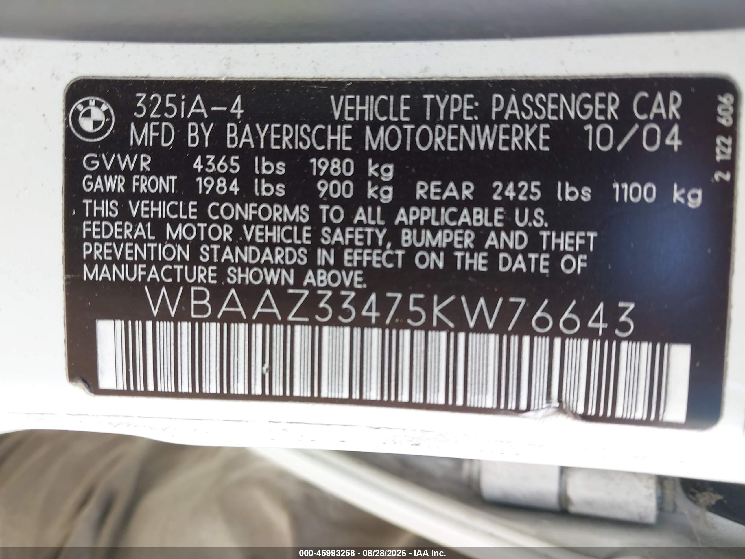 2005 Bmw 325i   White vin: WBAAZ33475KW76643