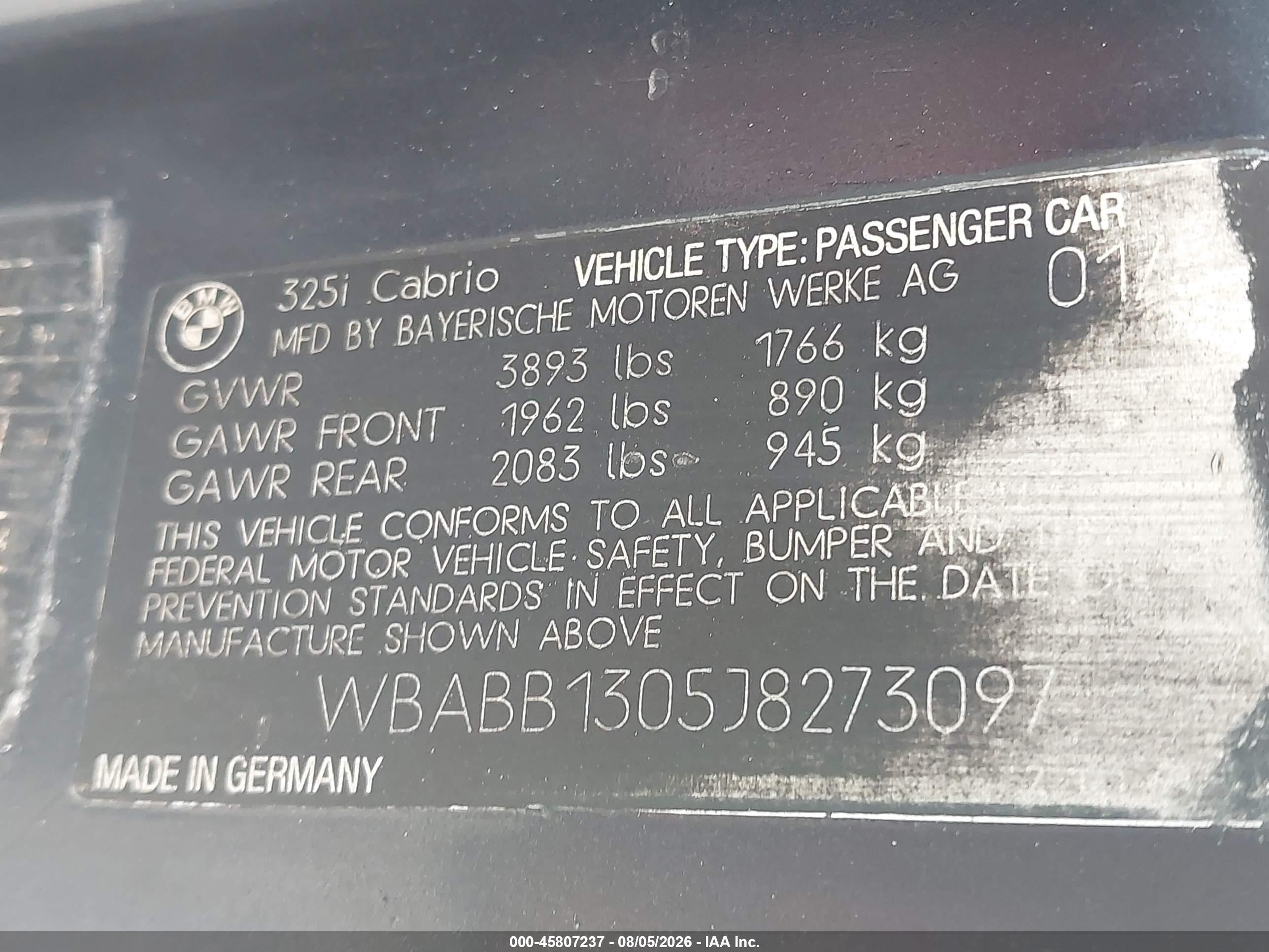 1988 Bmw 325 I Black vin: WBABB1305J8273097