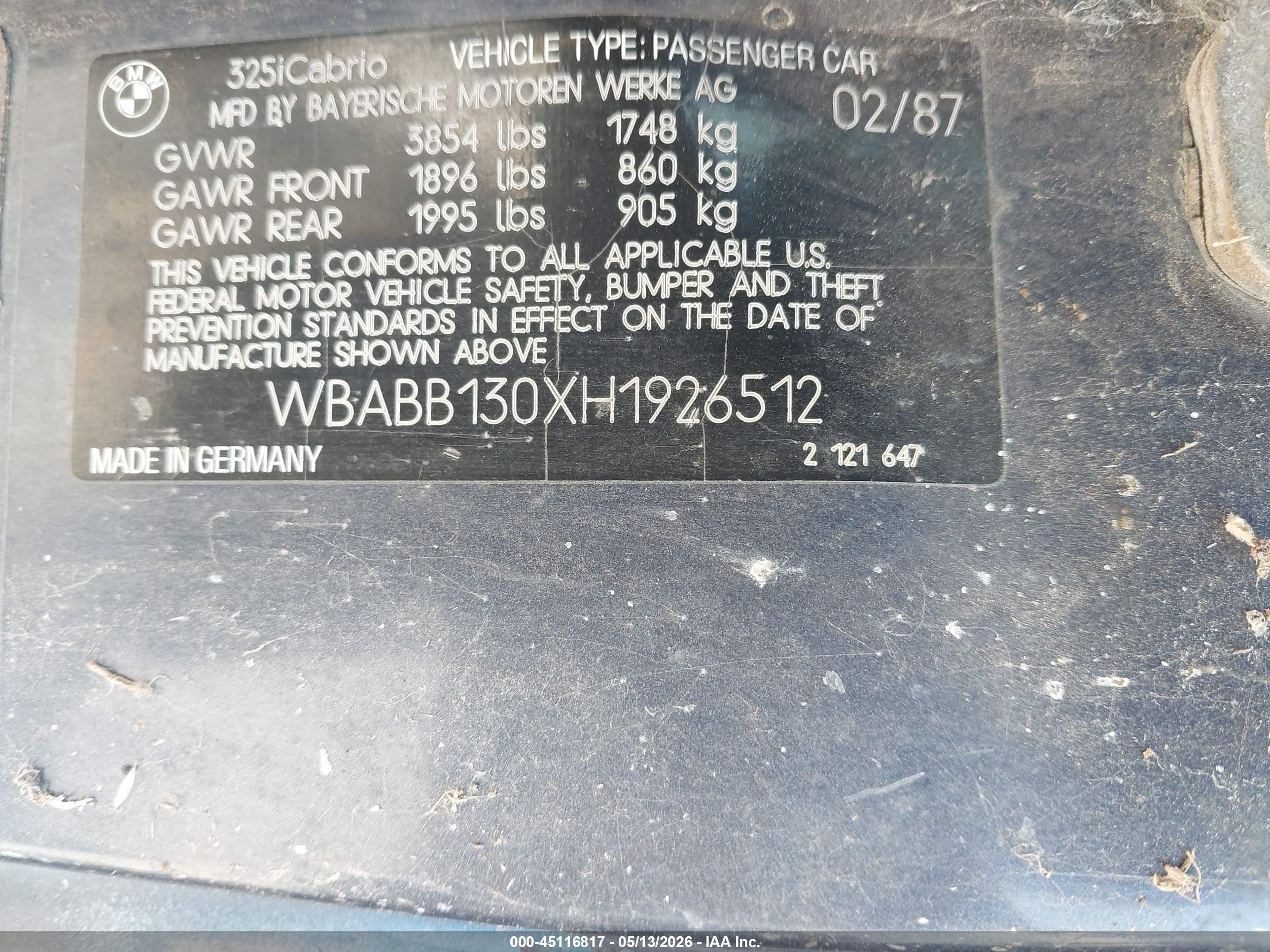 1987 Bmw 325 I Синий vin: WBABB130XH1926512