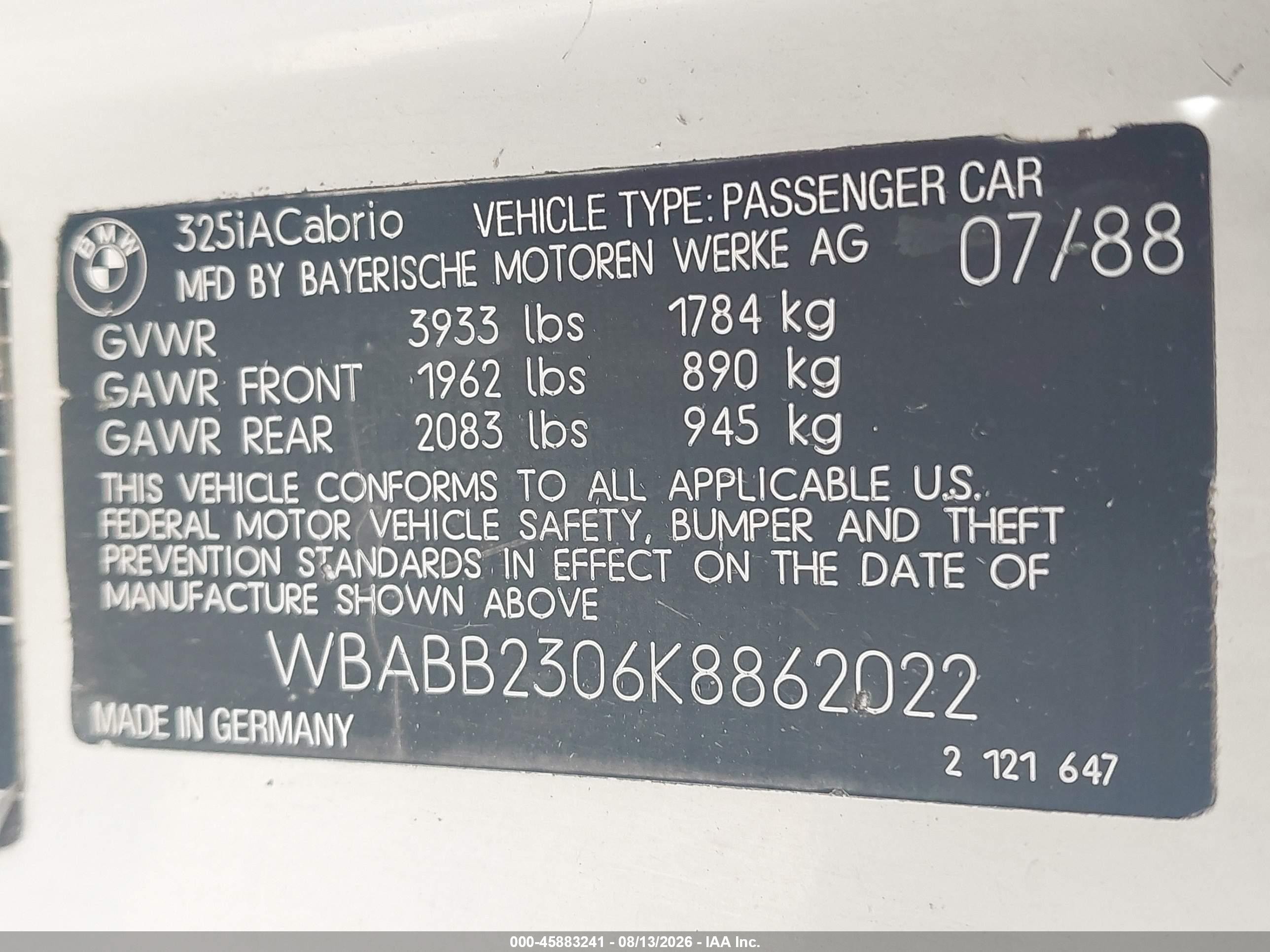 1989 Bmw 325 I Automatic White vin: WBABB2306K8862022