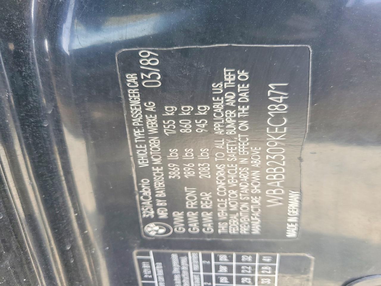 1989 Bmw 325 I Automatic Black vin: WBABB2309KEC18471