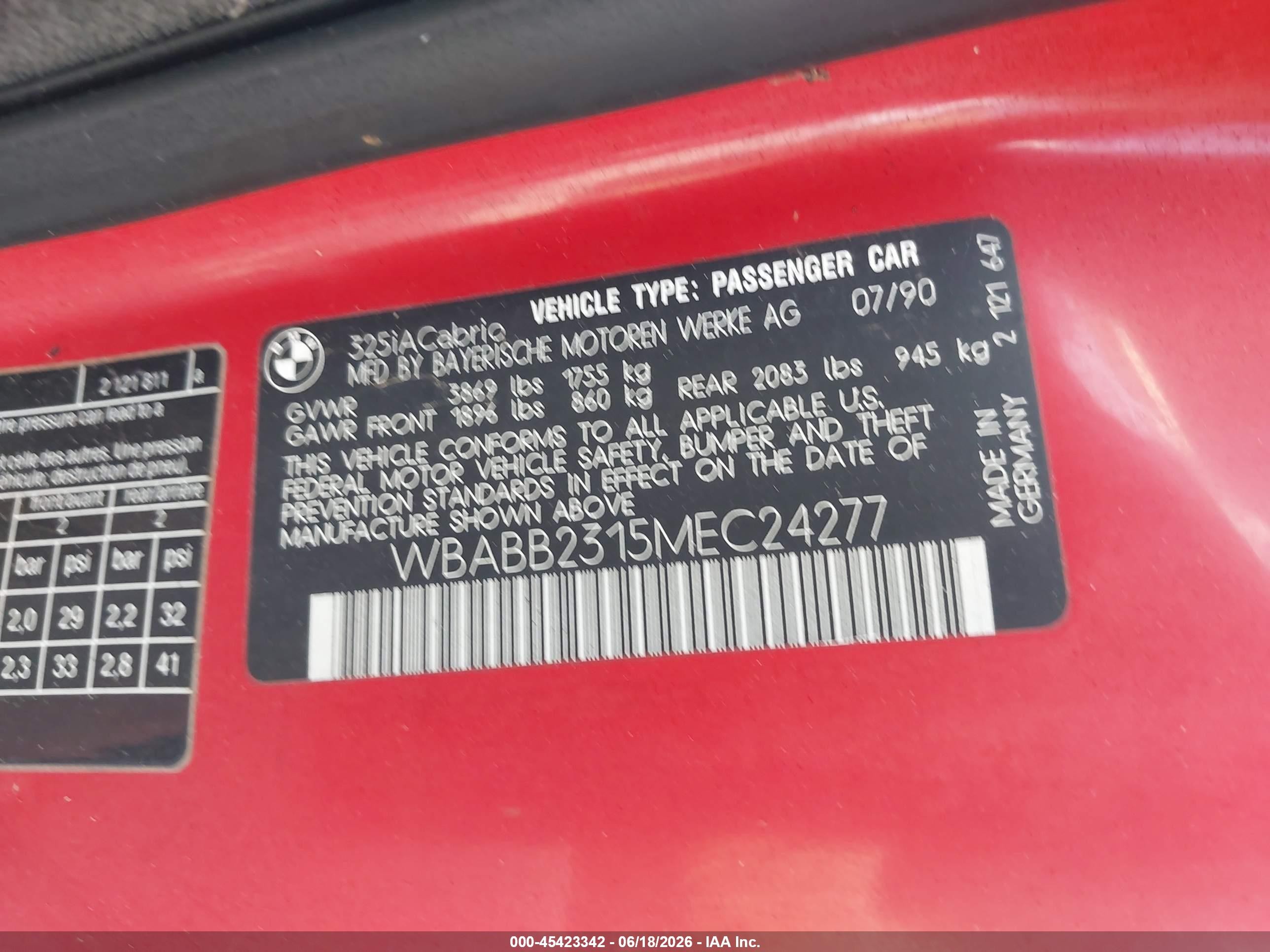 1991 Bmw 325 Ic Automatic Red vin: WBABB2315MEC24277
