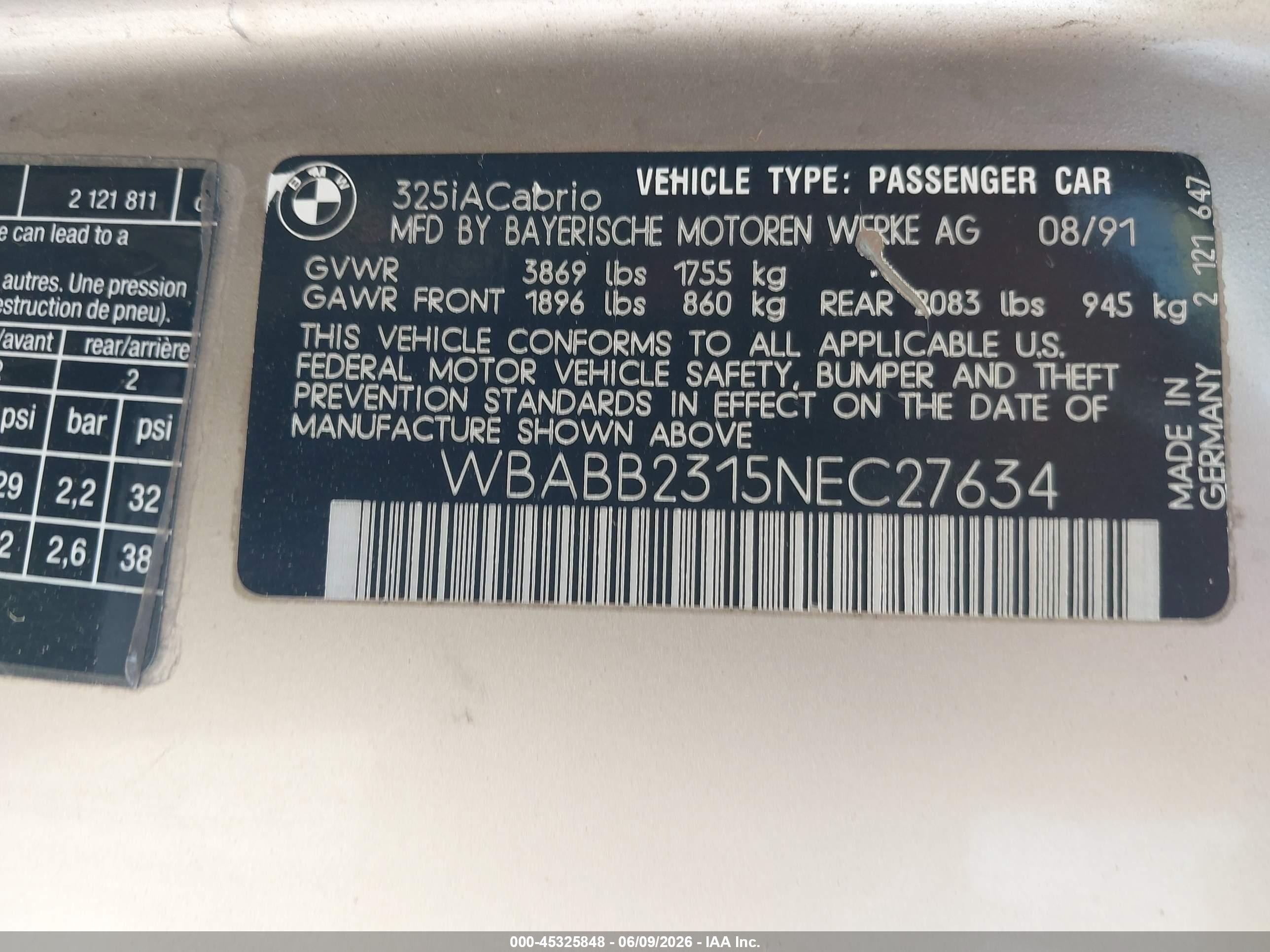 1992 Bmw 325 Ic Automatic Золотой vin: WBABB2315NEC27634