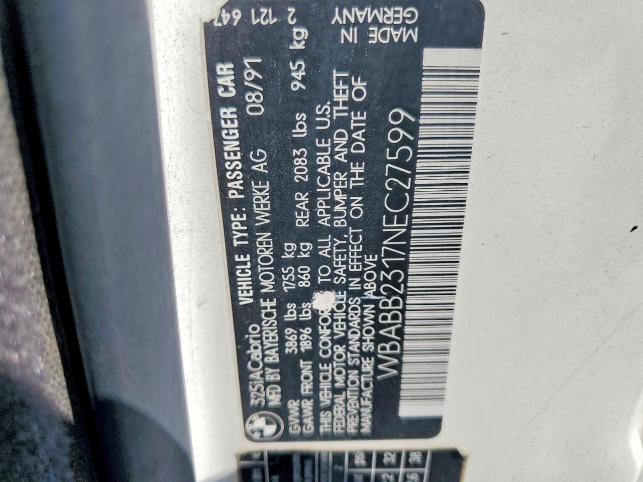 1992 Bmw 325 Ic Automatic White vin: WBABB2317NEC27599