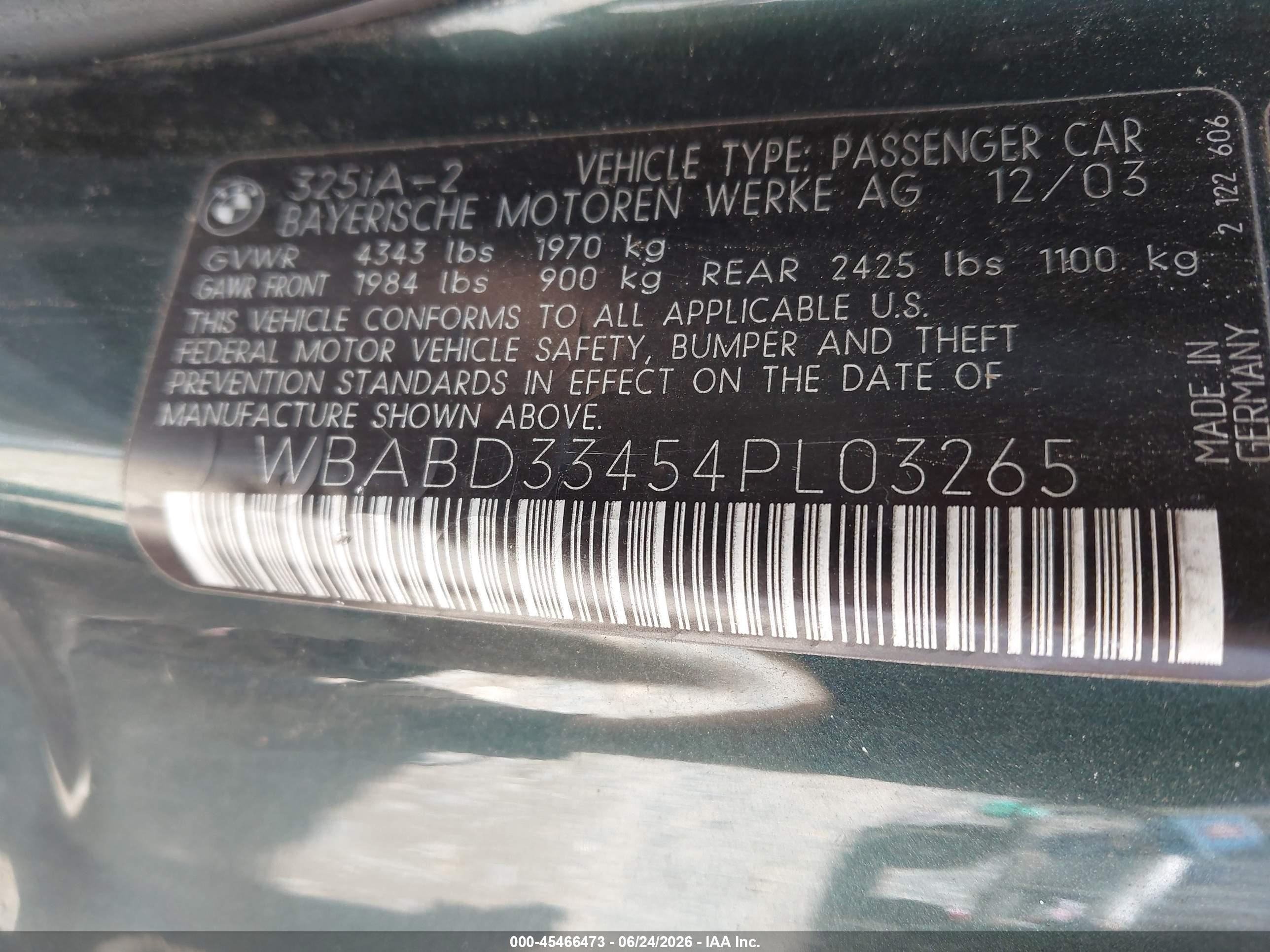 2004 Bmw 325ci   Green vin: WBABD33454PL03265