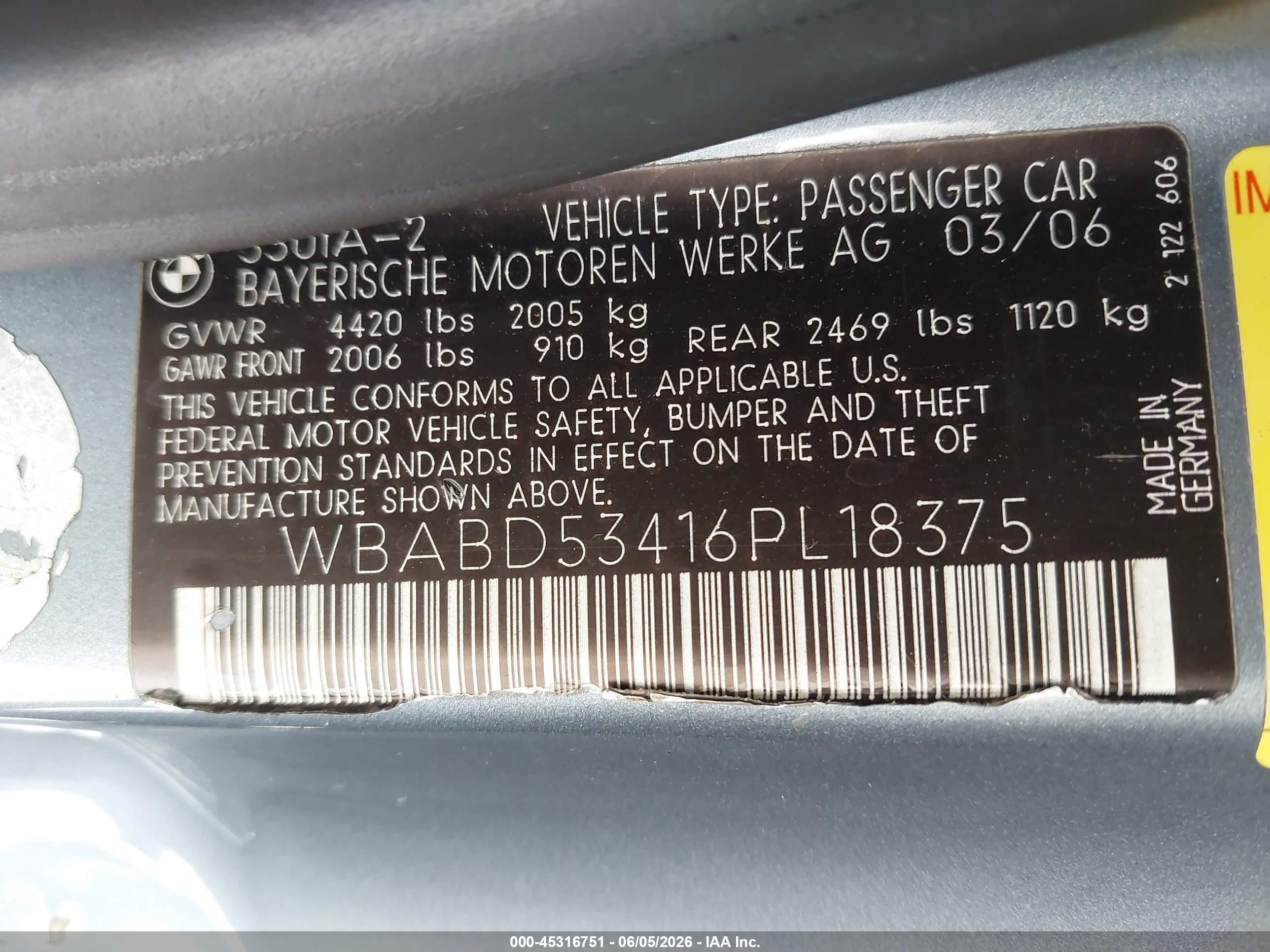 2006 Bmw 330ci   Light Blue vin: WBABD53416PL18375