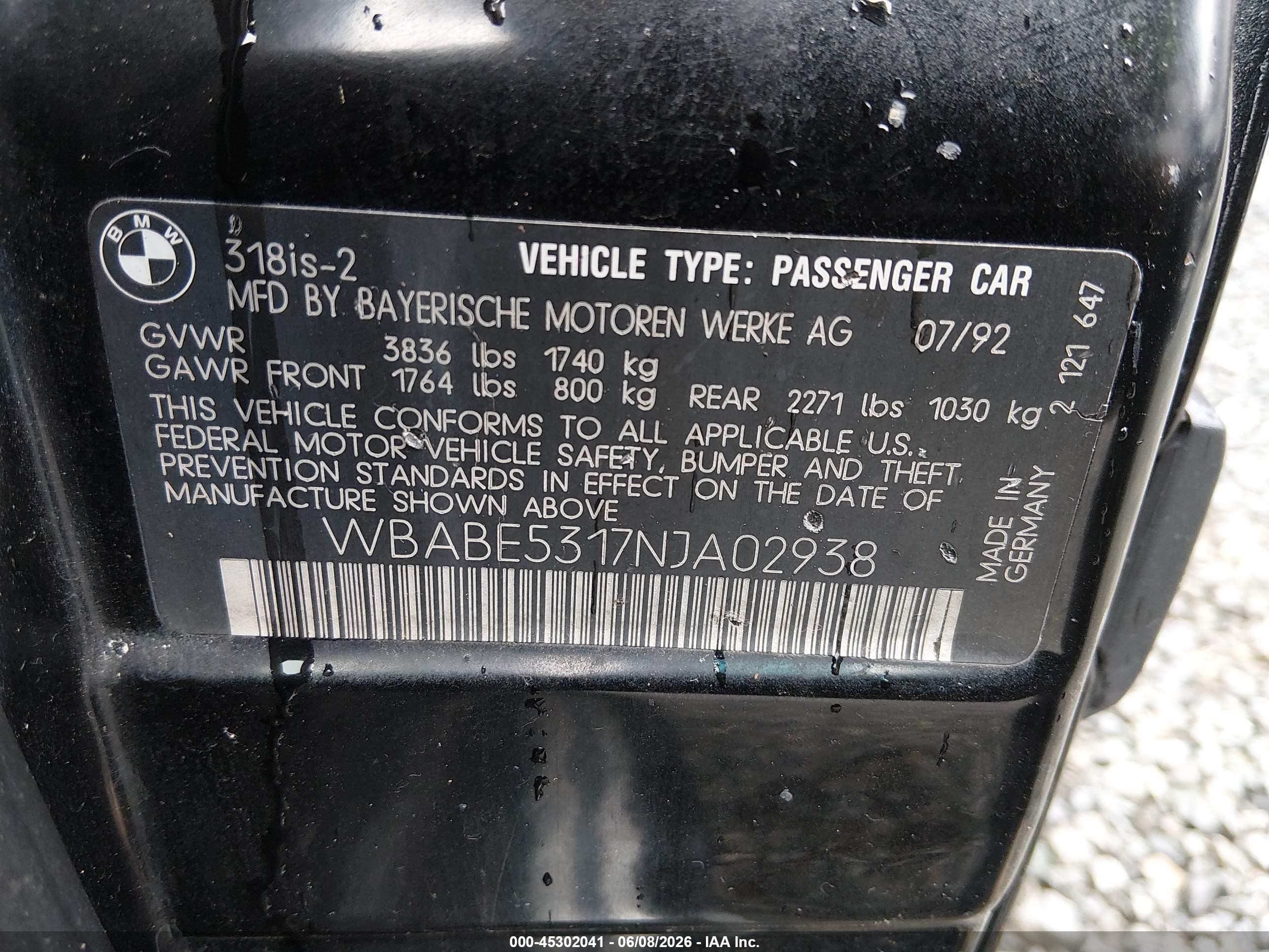 1992 Bmw 318 Is Black vin: WBABE5317NJA02938
