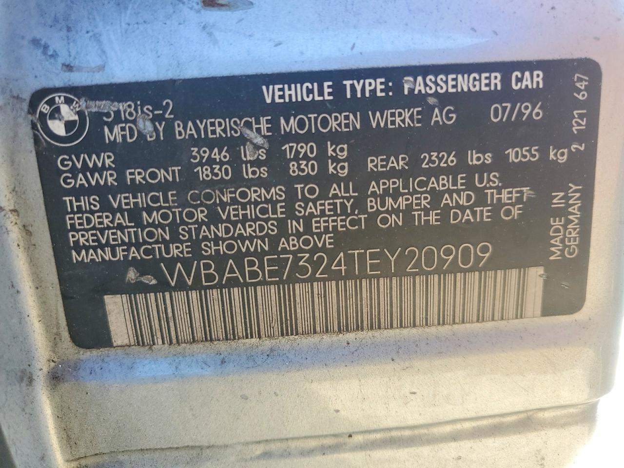 1996 Bmw 318 Is Silver vin: WBABE7324TEY20909