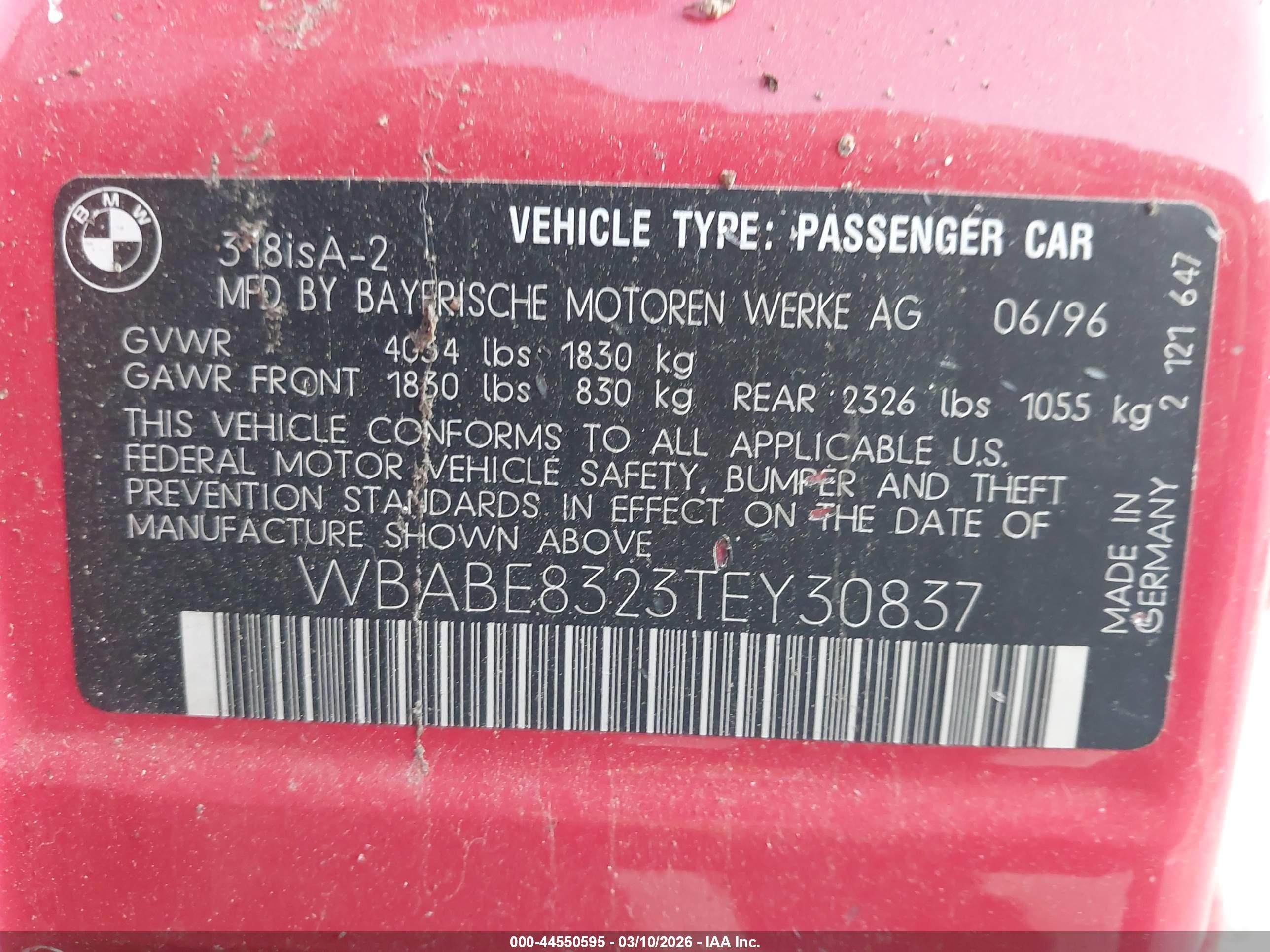 1996 Bmw 318 Is Automatic Red vin: WBABE8323TEY30837