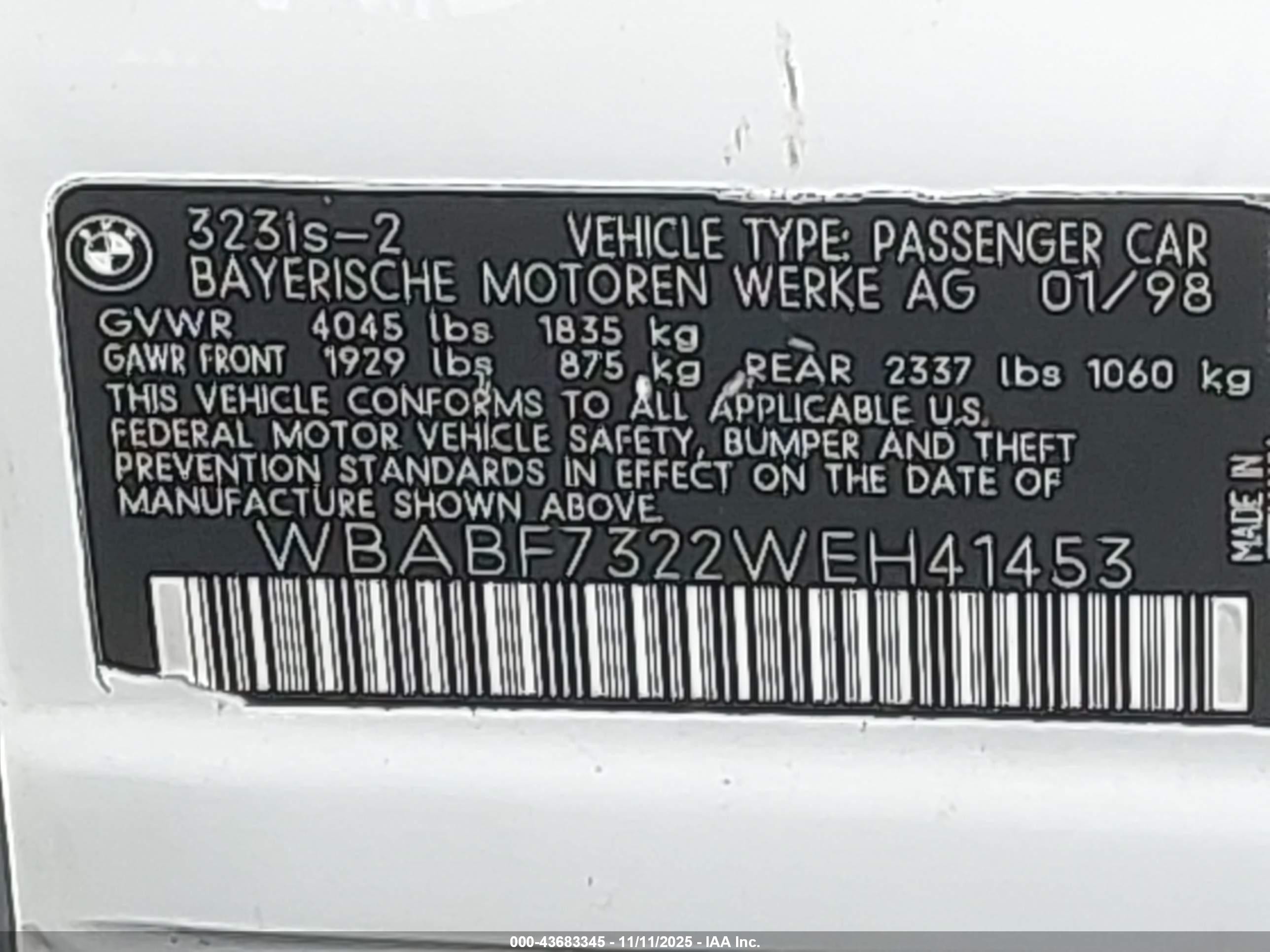 1998 Bmw 323is   White vin: WBABF7322WEH41453