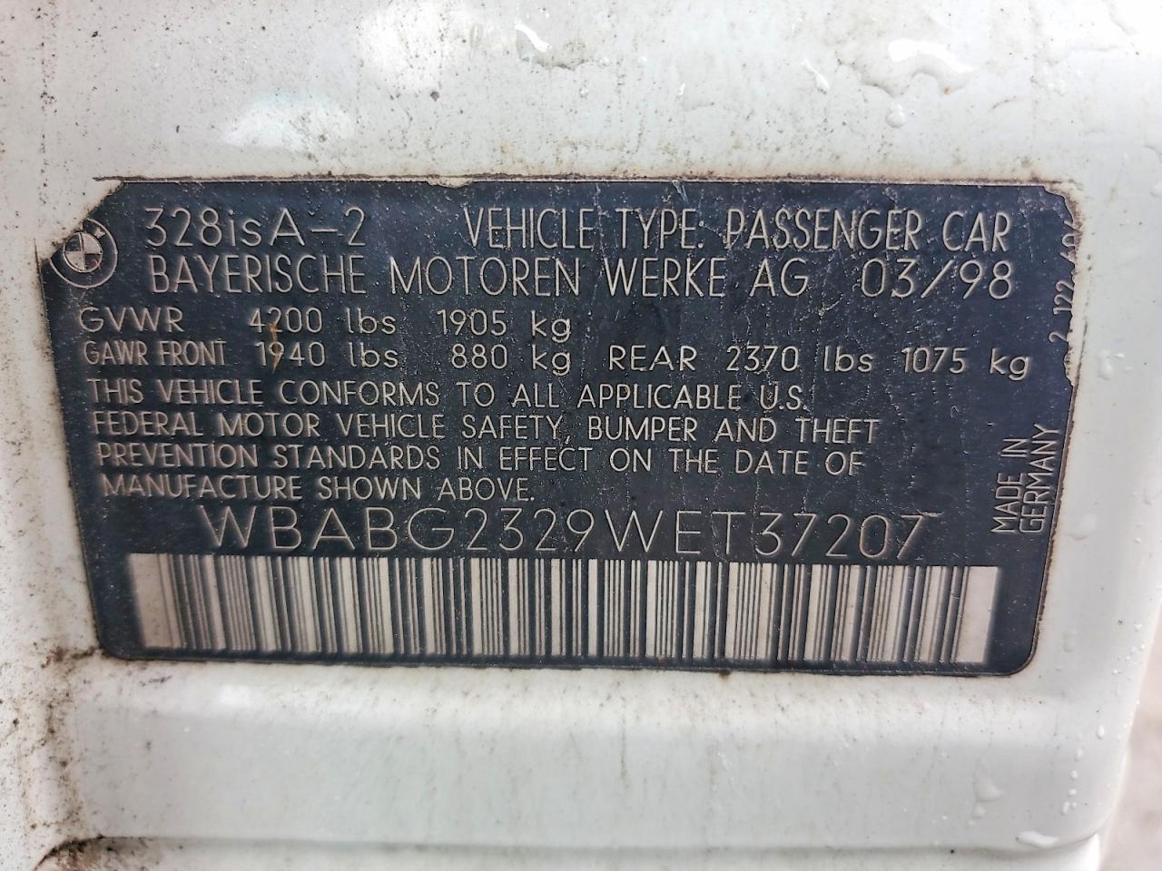 1998 Bmw 328 Is Automatic White vin: WBABG2329WET37207