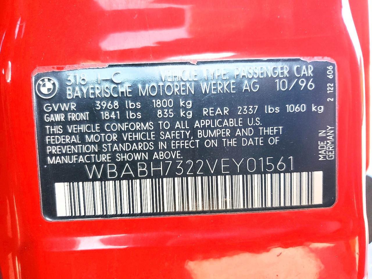 1997 Bmw Motorrad 318 Ic Red vin: WBABH7322VEY01561