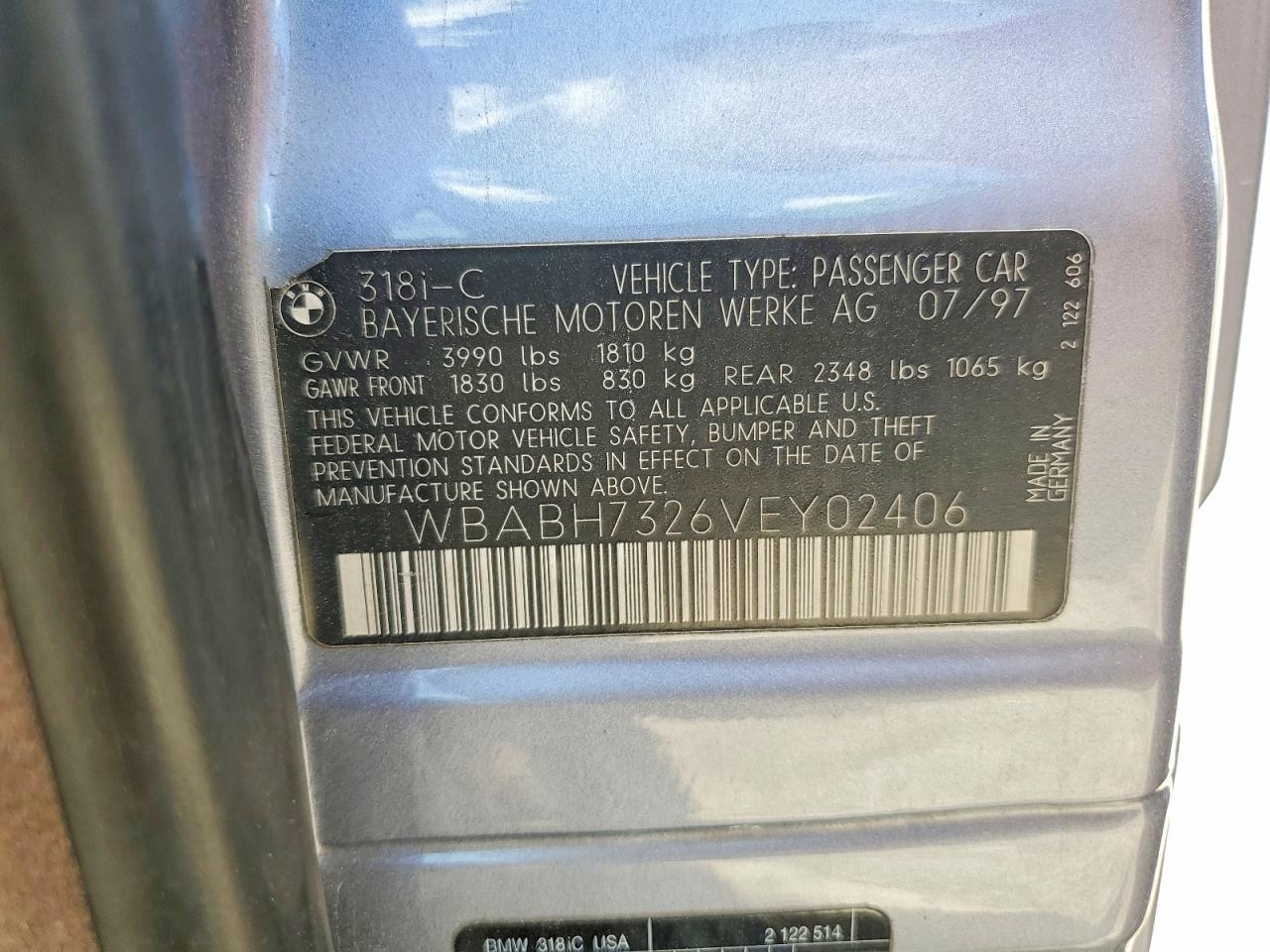 1997 Bmw 318 Ic Blue vin: WBABH7326VEY02406