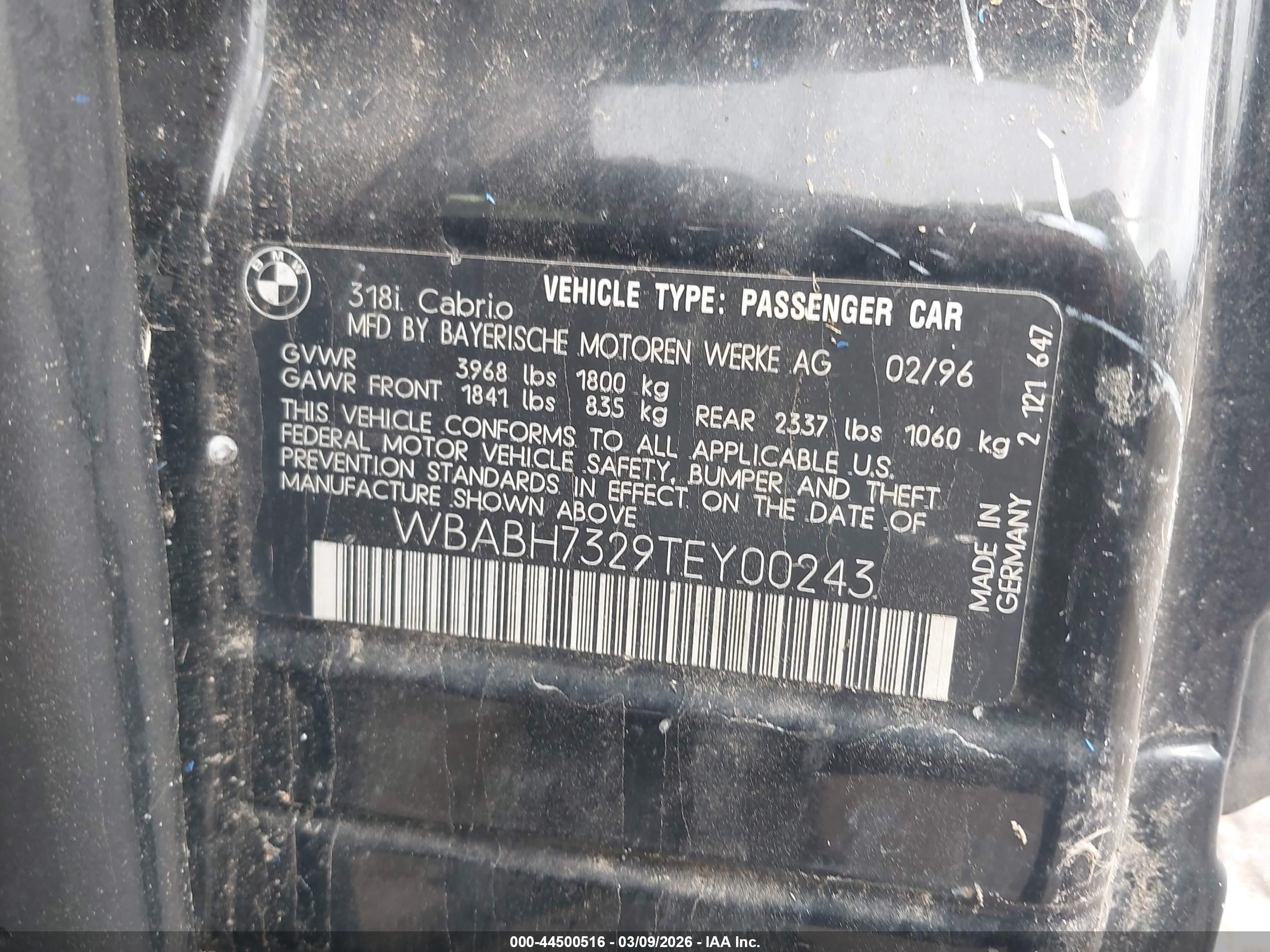 1996 Bmw 318 Ic Black vin: WBABH7329TEY00243