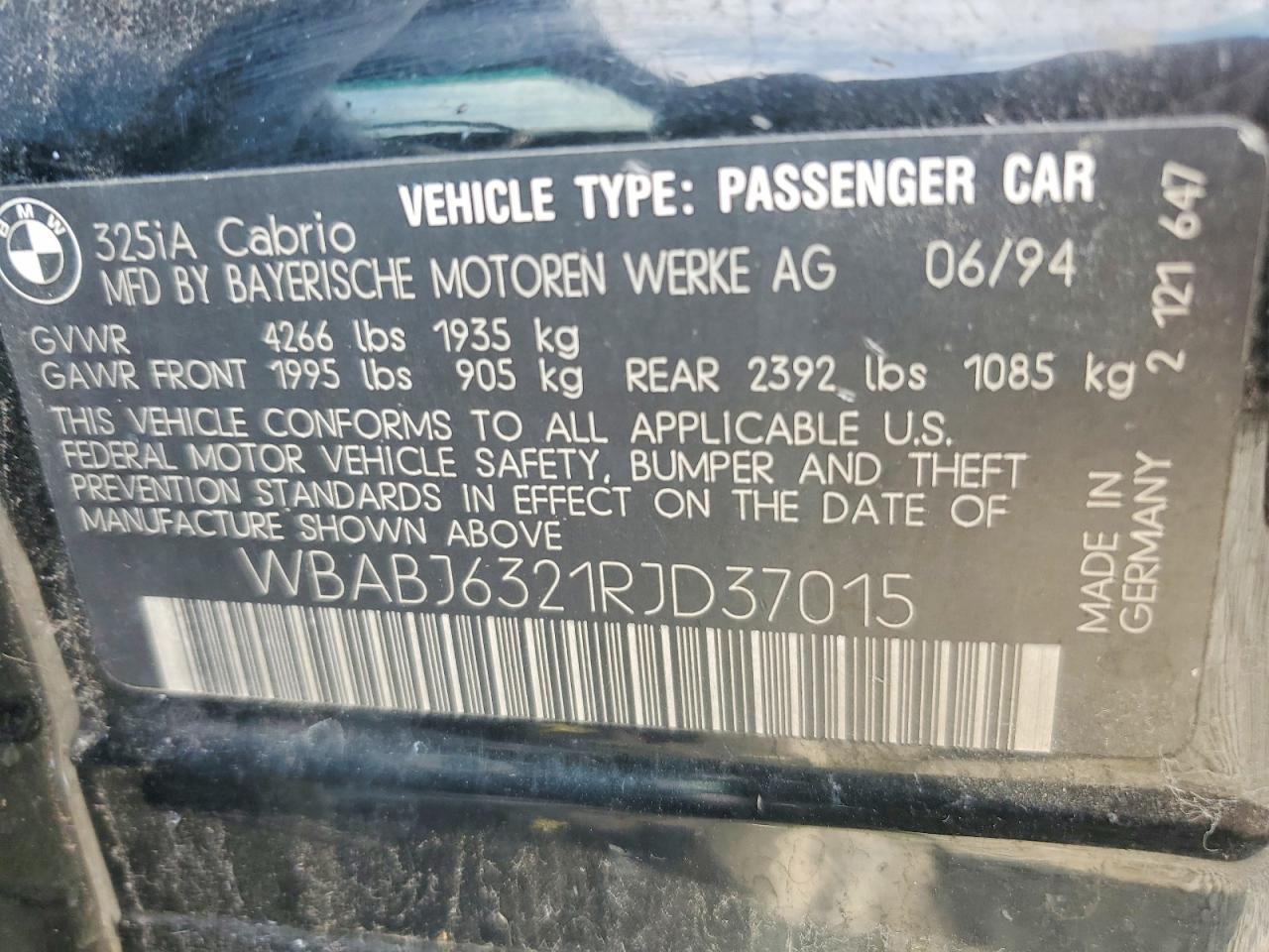 1994 Bmw 325 Ic Automatic Black vin: WBABJ6321RJD37015
