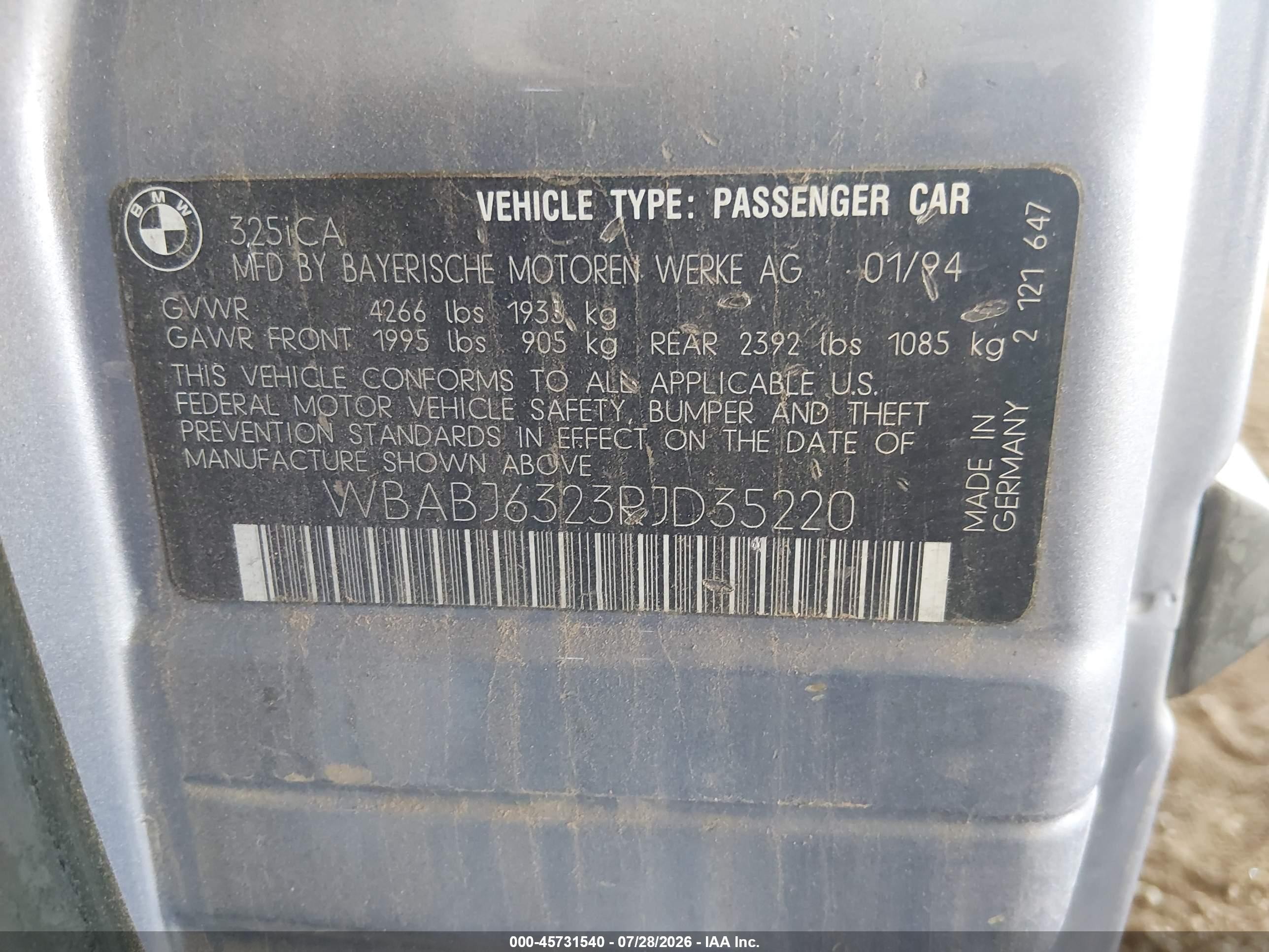 1994 Bmw 325 Ic Automatic Blue vin: WBABJ6323RJD35220
