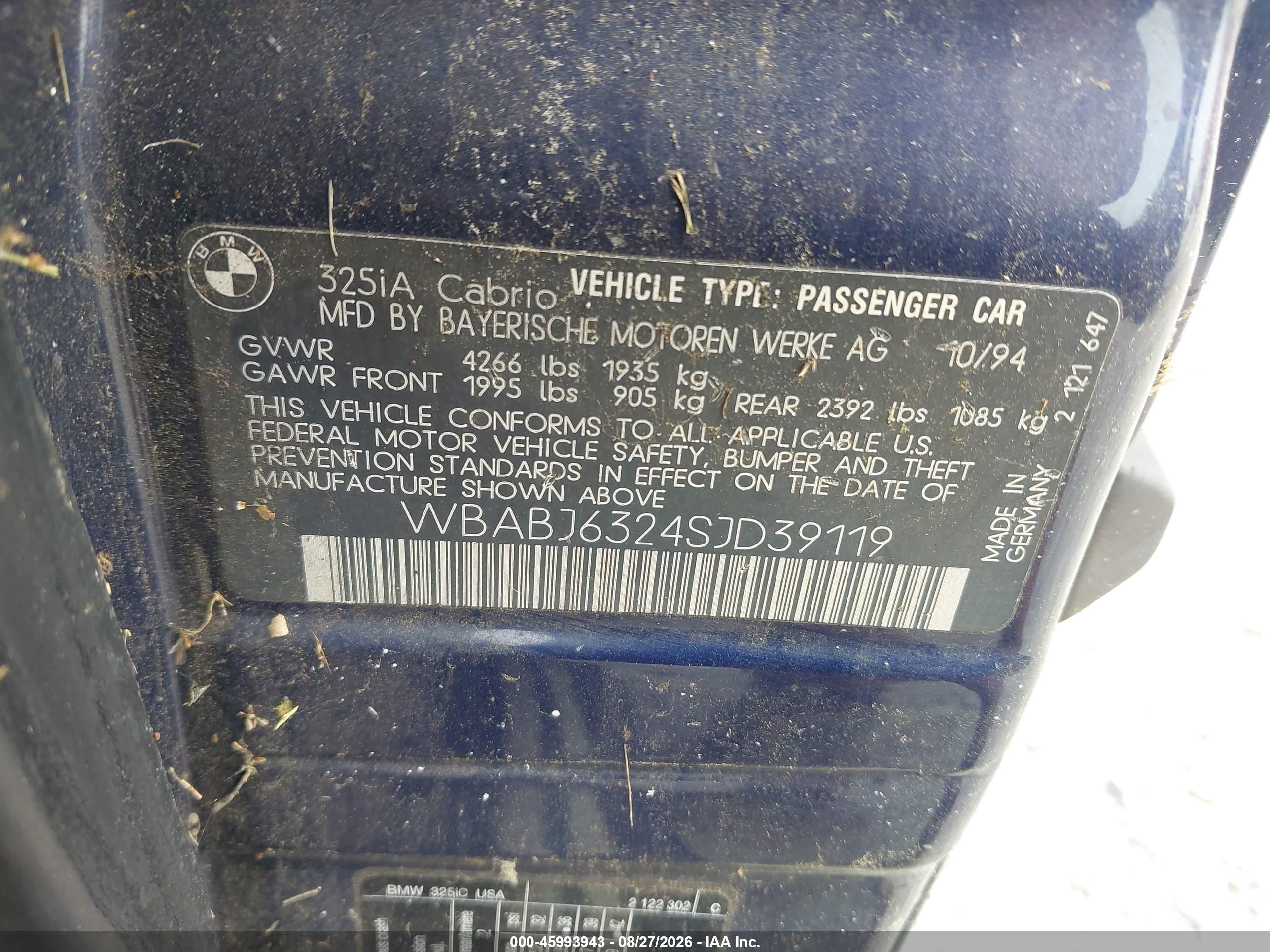 1995 Bmw 325 Ic Automatic Dark Blue vin: WBABJ6324SJD39119