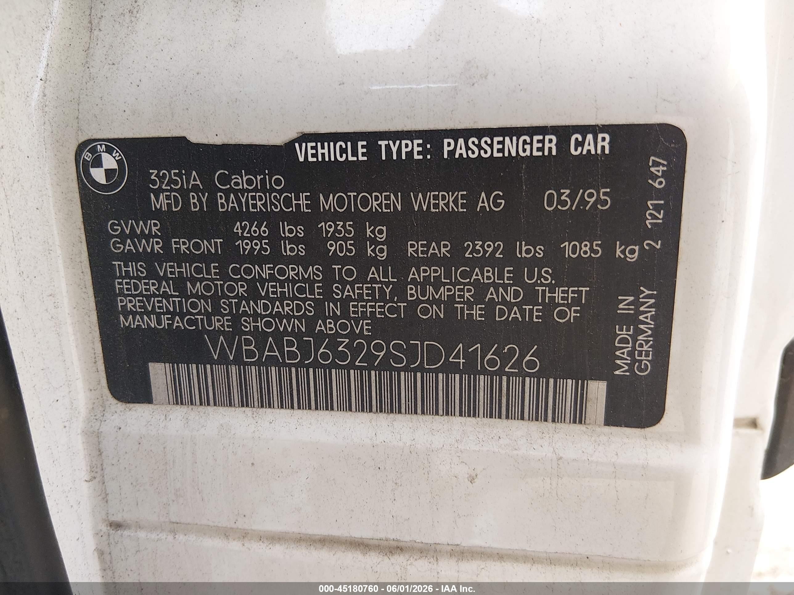 1995 Bmw 325 Ic Automatic White vin: WBABJ6329SJD41626