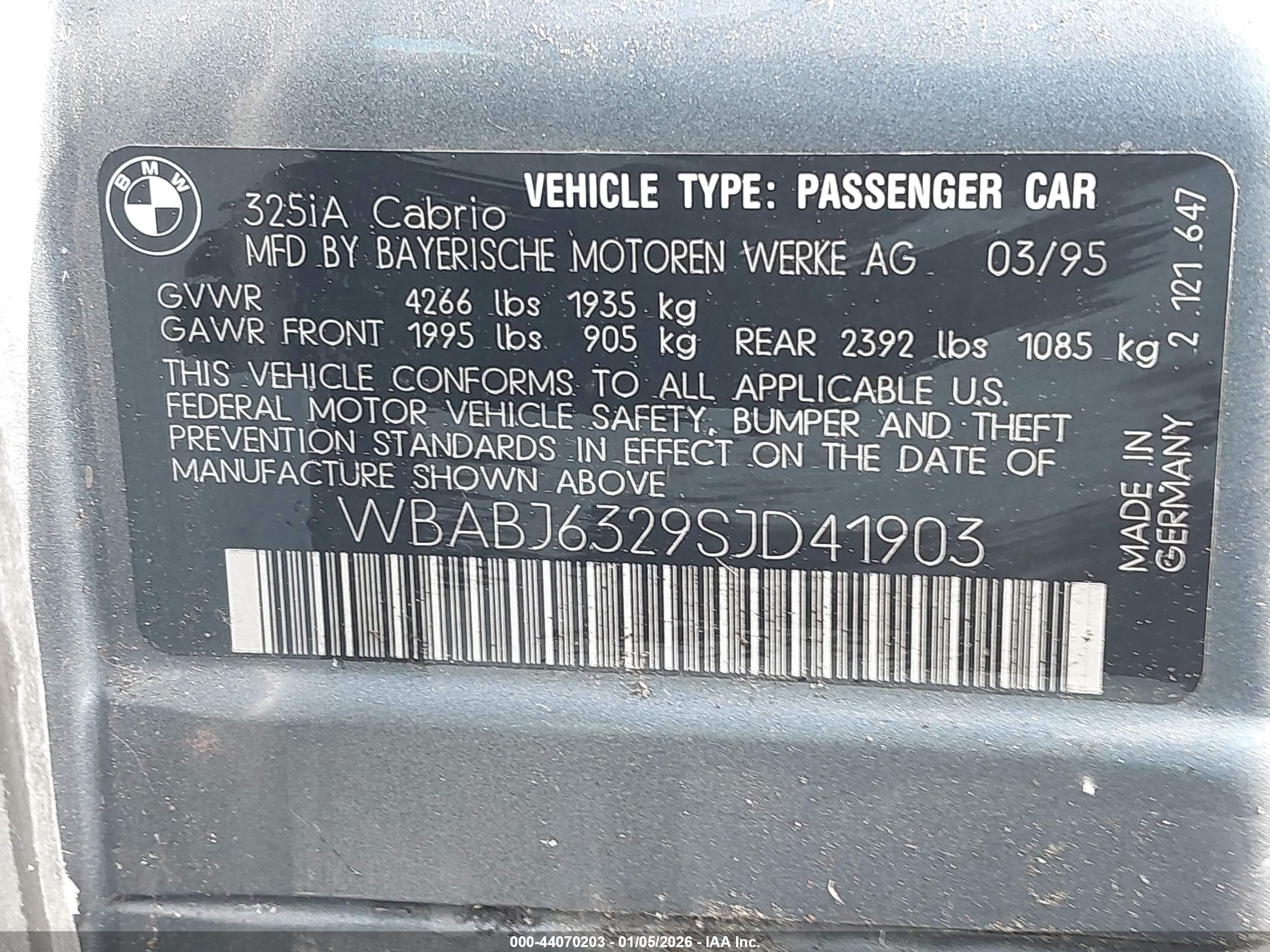 1995 Bmw 325 Ic Automatic Blue vin: WBABJ6329SJD41903
