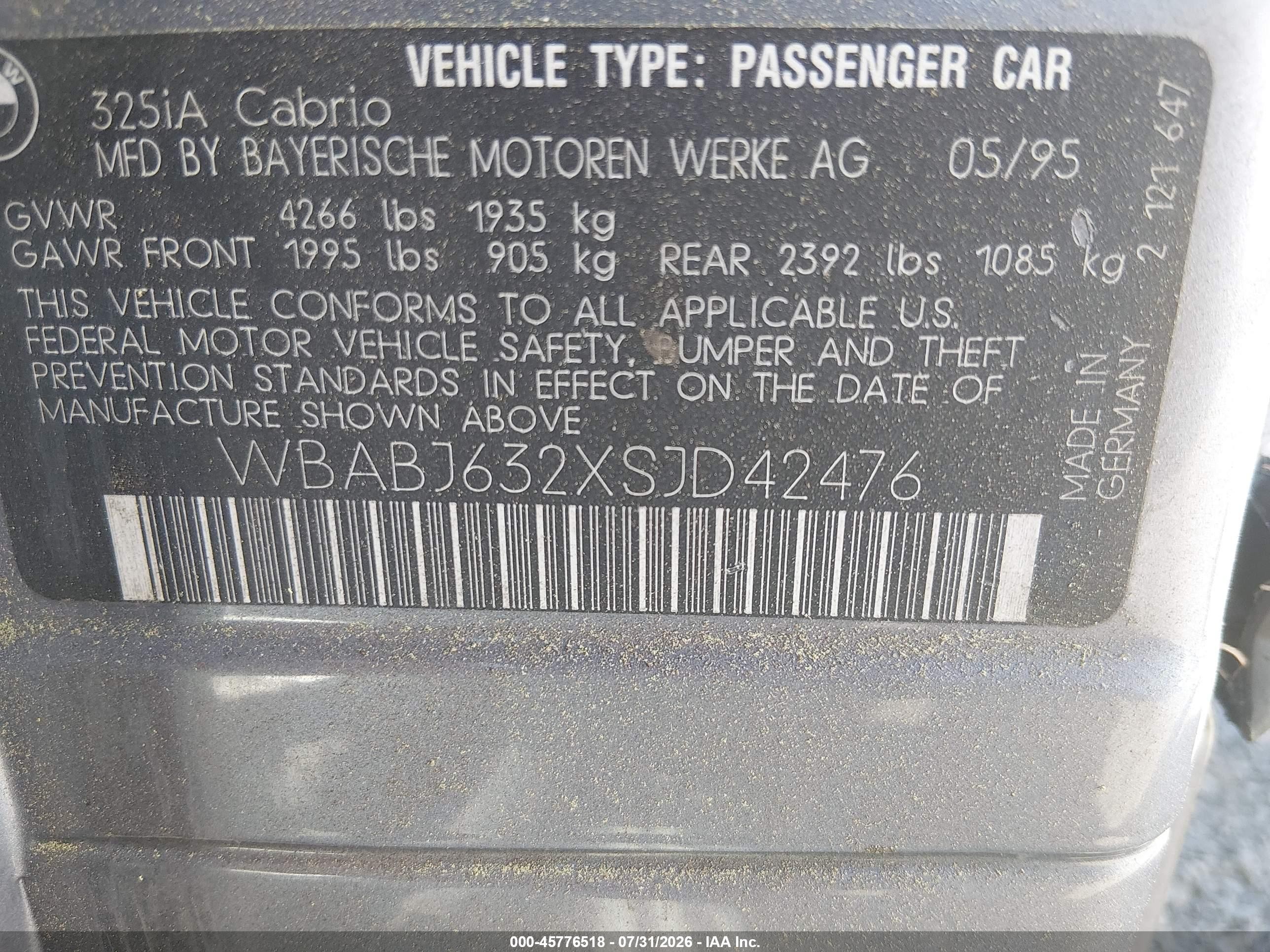 1995 Bmw 325 Ic Automatic Blue vin: WBABJ632XSJD42476