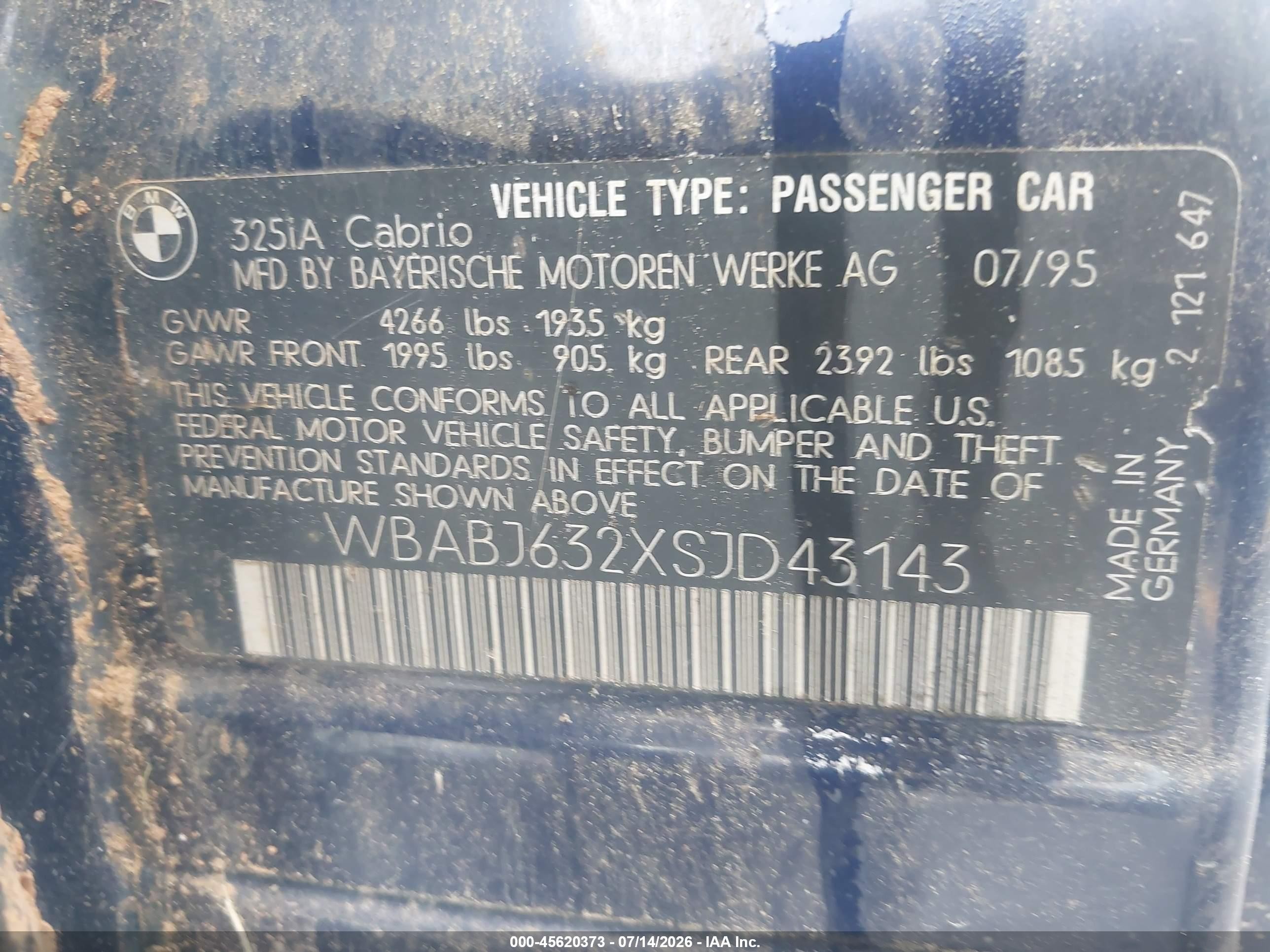 1995 Bmw 325 Ic Automatic Blue vin: WBABJ632XSJD43143