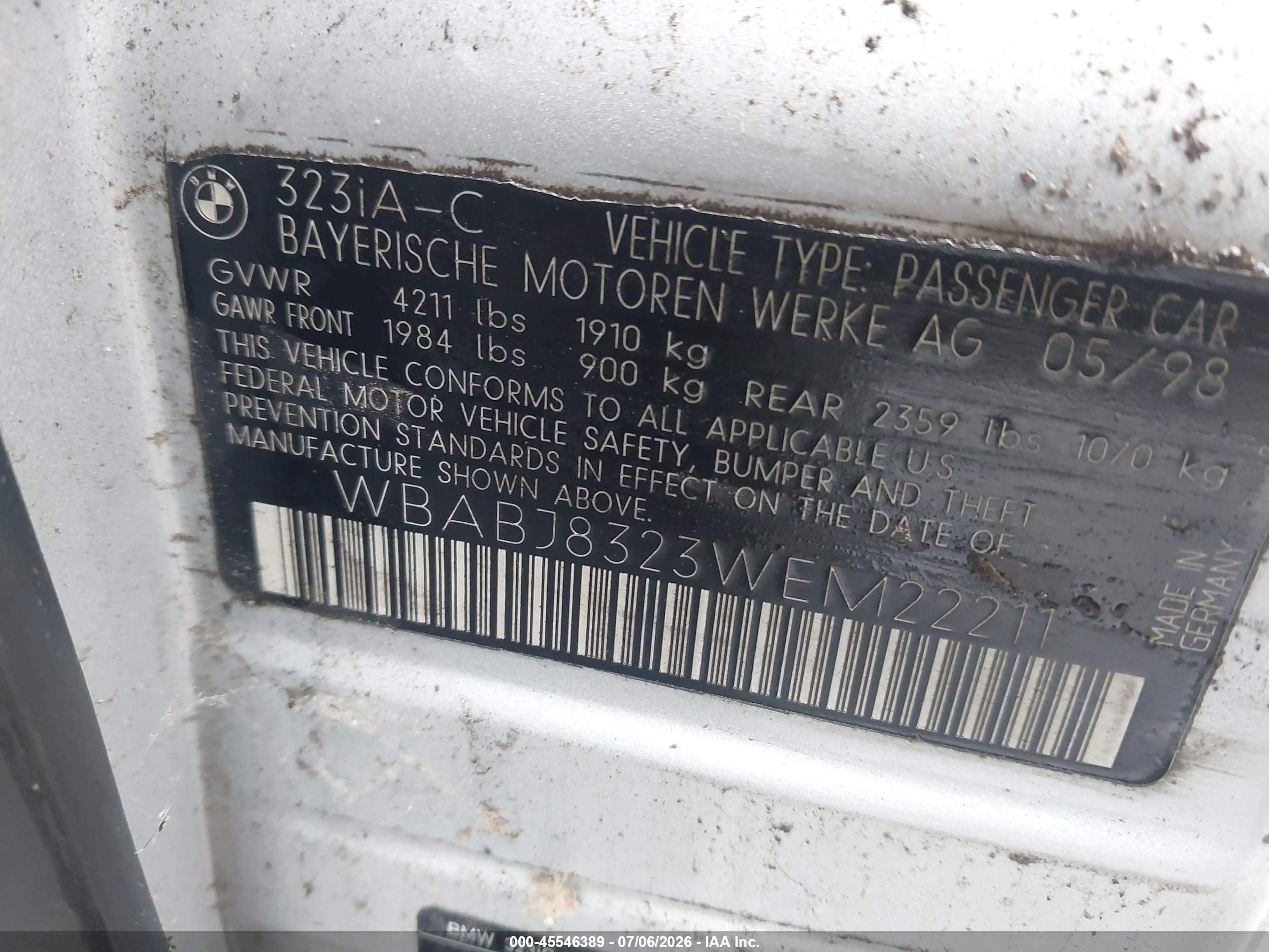 1998 Bmw 323ic   Silver vin: WBABJ8323WEM22211