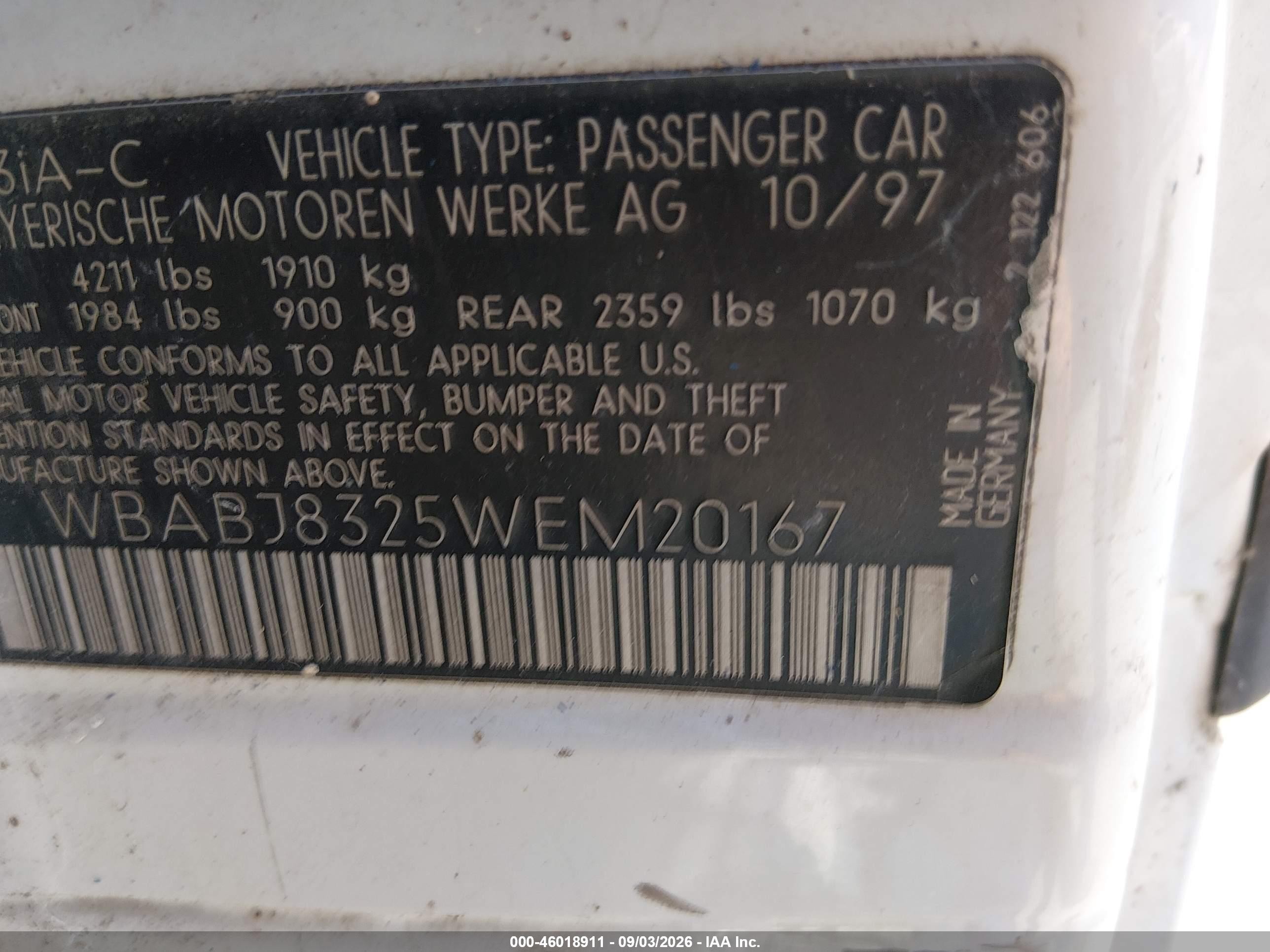 1998 Bmw 323ic   White vin: WBABJ8325WEM20167