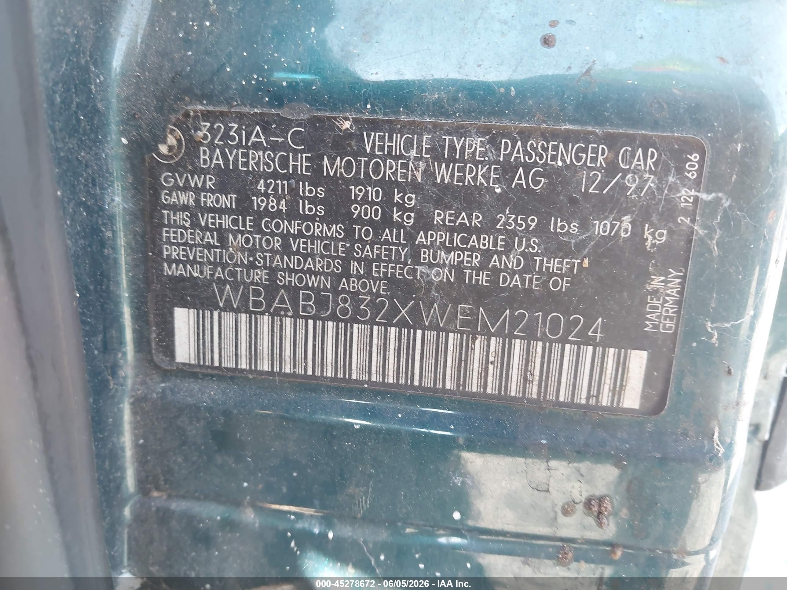 1998 Bmw 323ic Green vin: WBABJ832XWEM21024