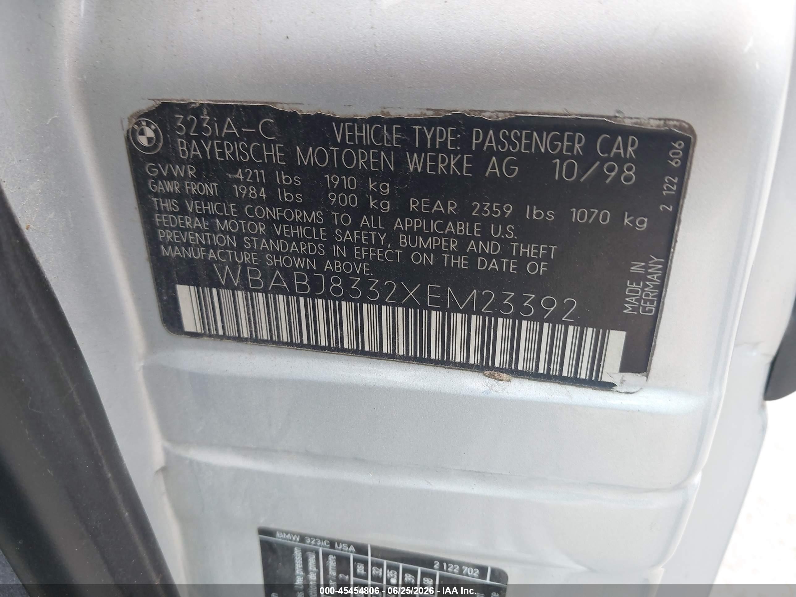 1999 Bmw 323ic   Gray vin: WBABJ8332XEM23392