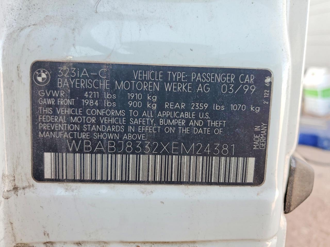 1999 Bmw 323 Ic Automatic White vin: WBABJ8332XEM24381