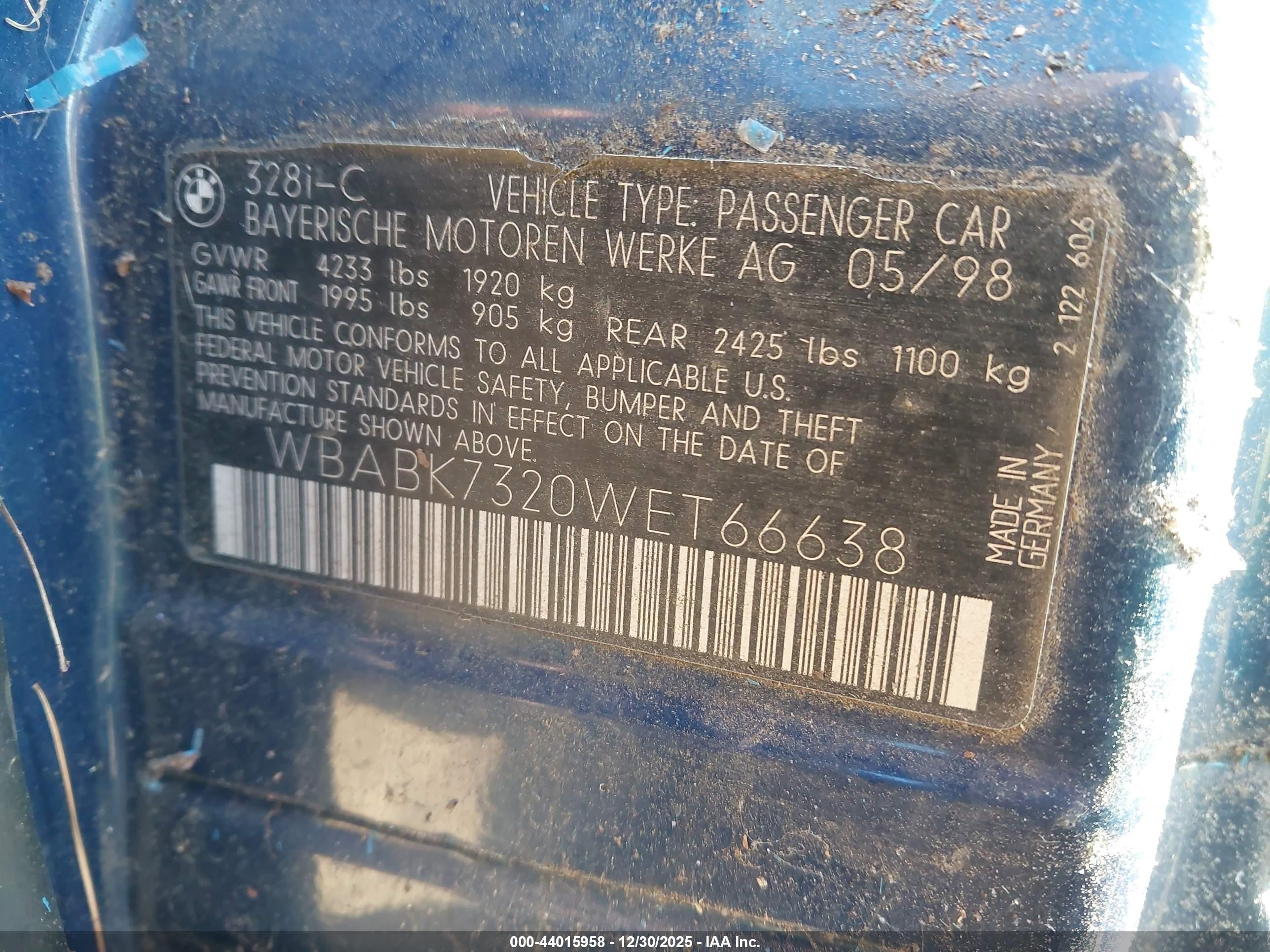 1998 Bmw 328ic   Blue vin: WBABK7320WET66638