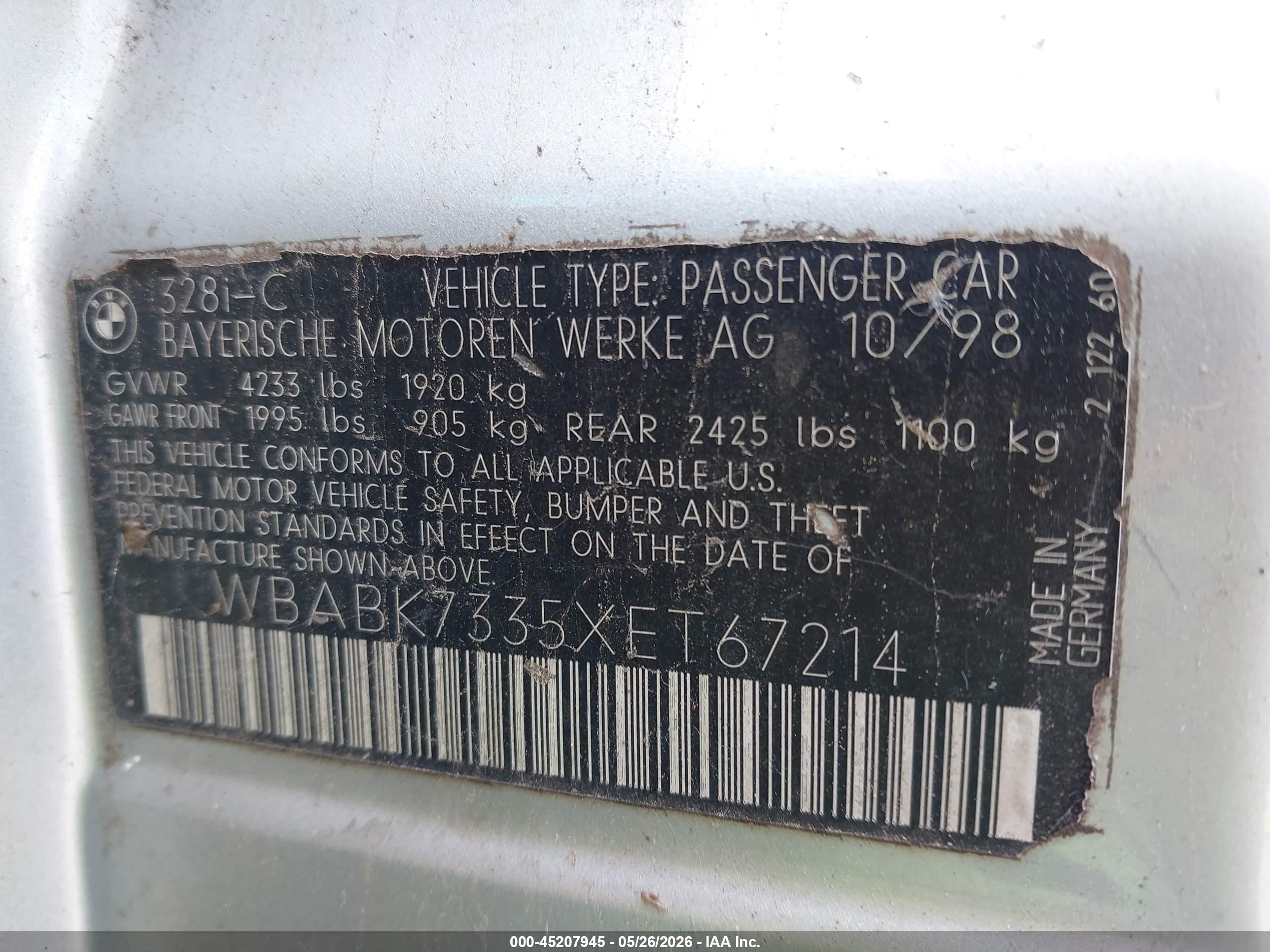 1999 Bmw 328ic   Gray vin: WBABK7335XET67214