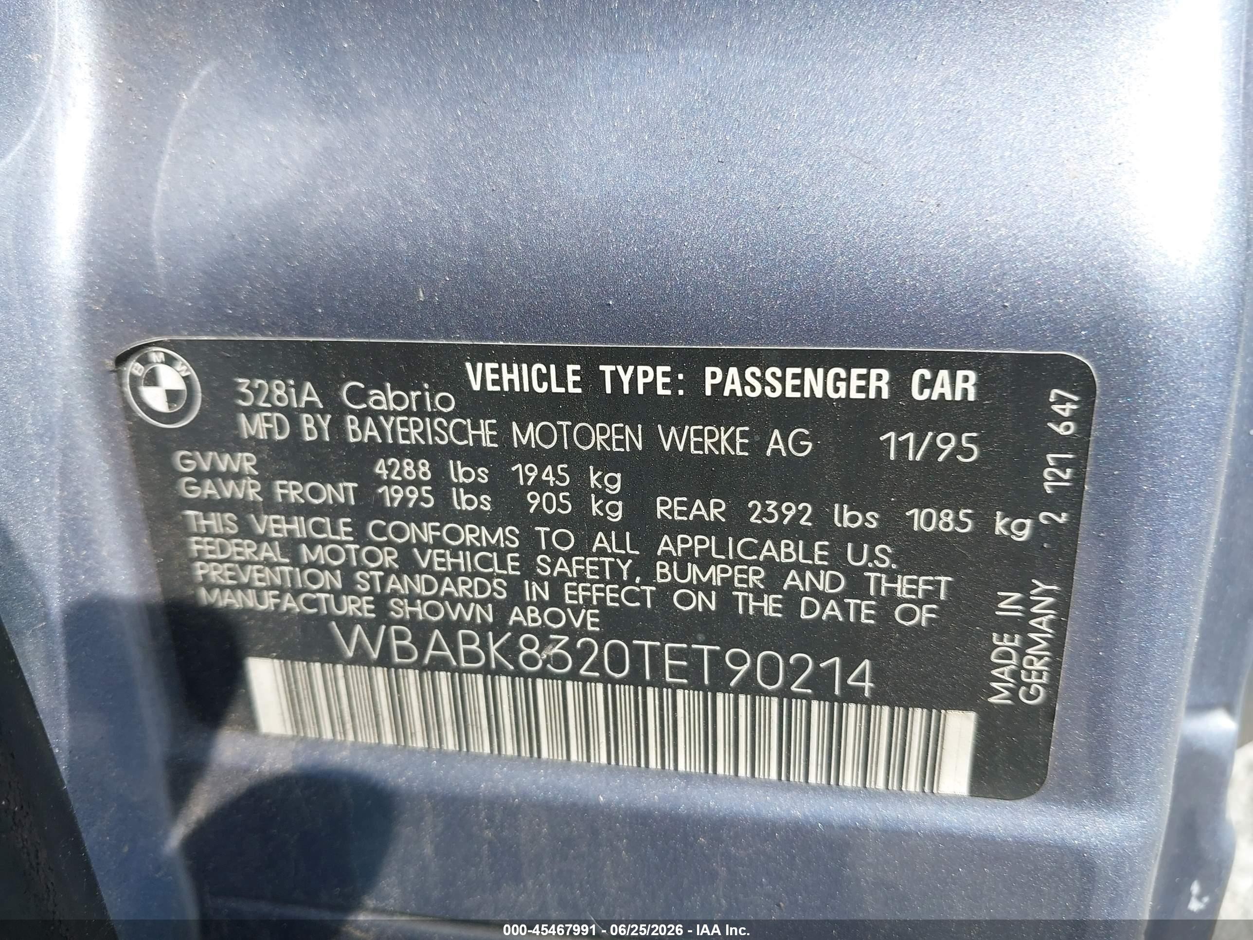 1996 Bmw 328 Ic Automatic Light Blue vin: WBABK8320TET90214